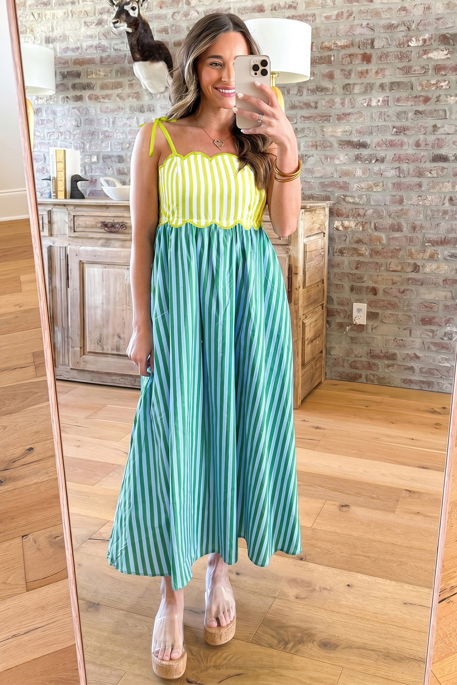PRE-ORDER: Green Stripe Scalloped Contrast Knot Strap Midi Dress