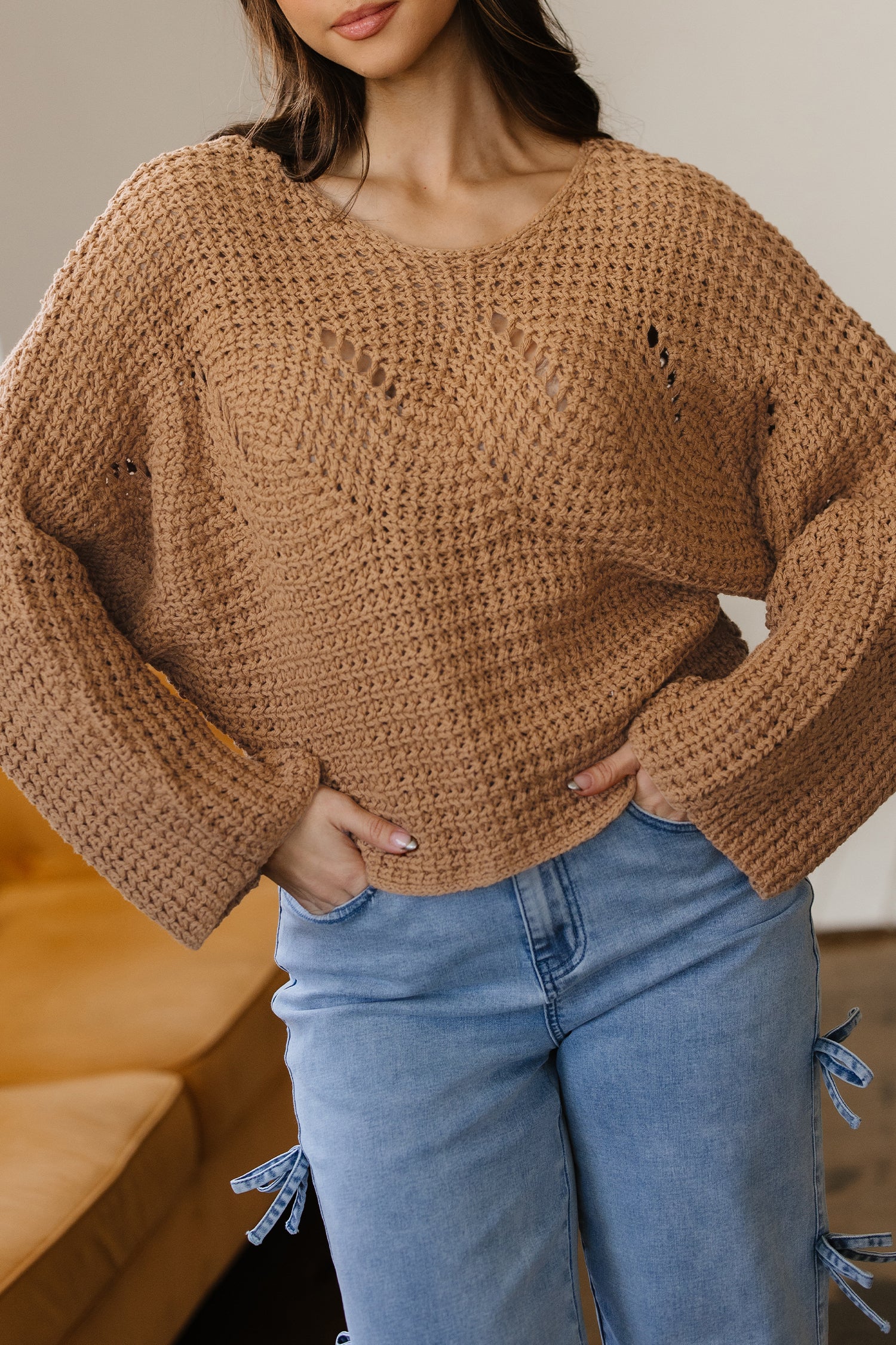 PRE-ORDER: Hollowed Detail Wide Sleeve Loose Pullover Sweater