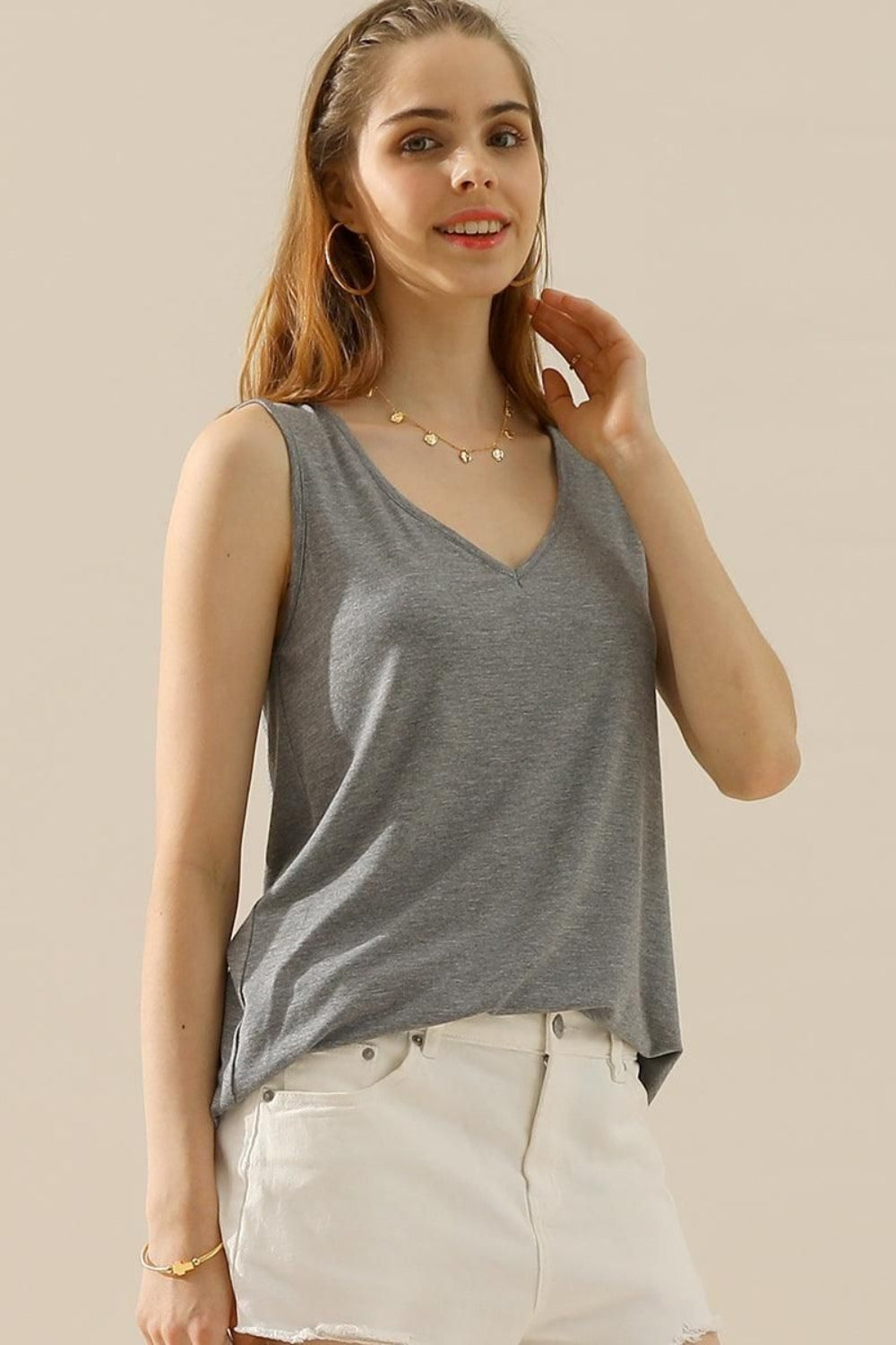 Classic V-Neck Curved Hem Tank