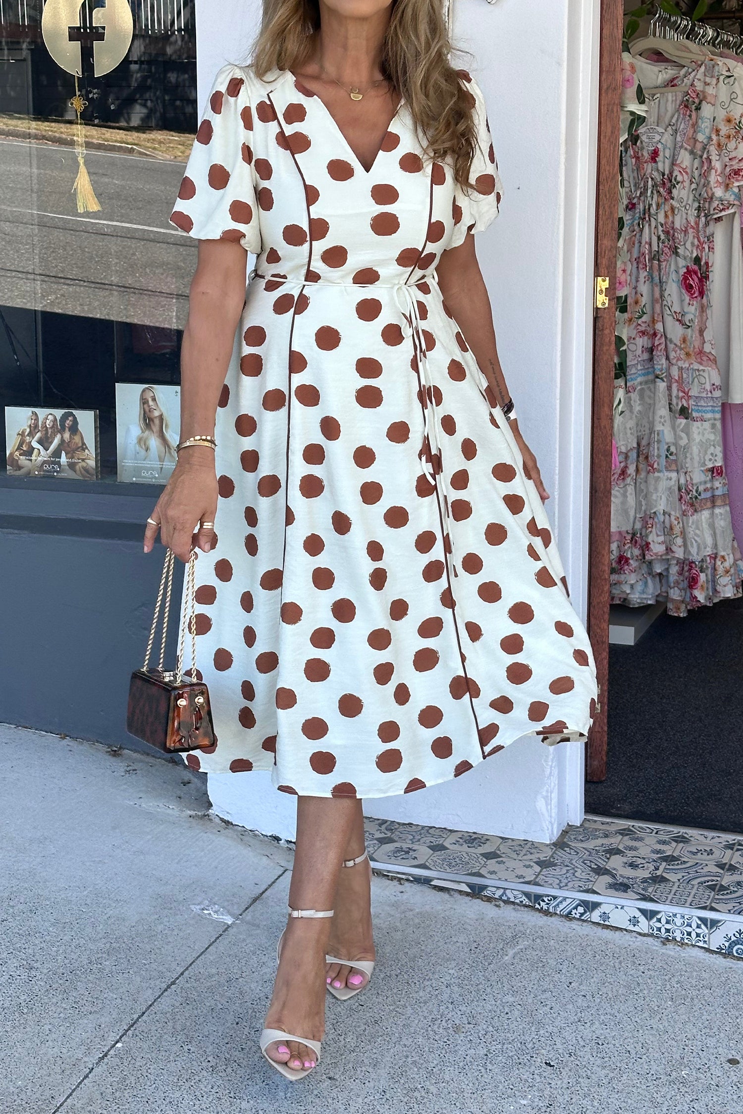 PRE-ORDER: White Polka Dot Printed V Neck Short Sleeve Tie Waist Midi Dress