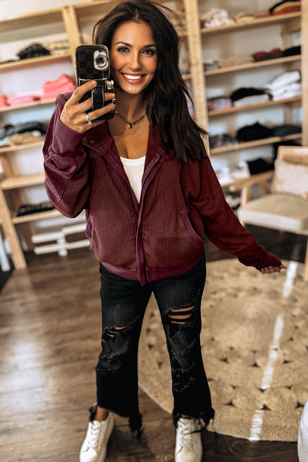 Waffle Splicing Zip Up Front Button Hooded Jacket