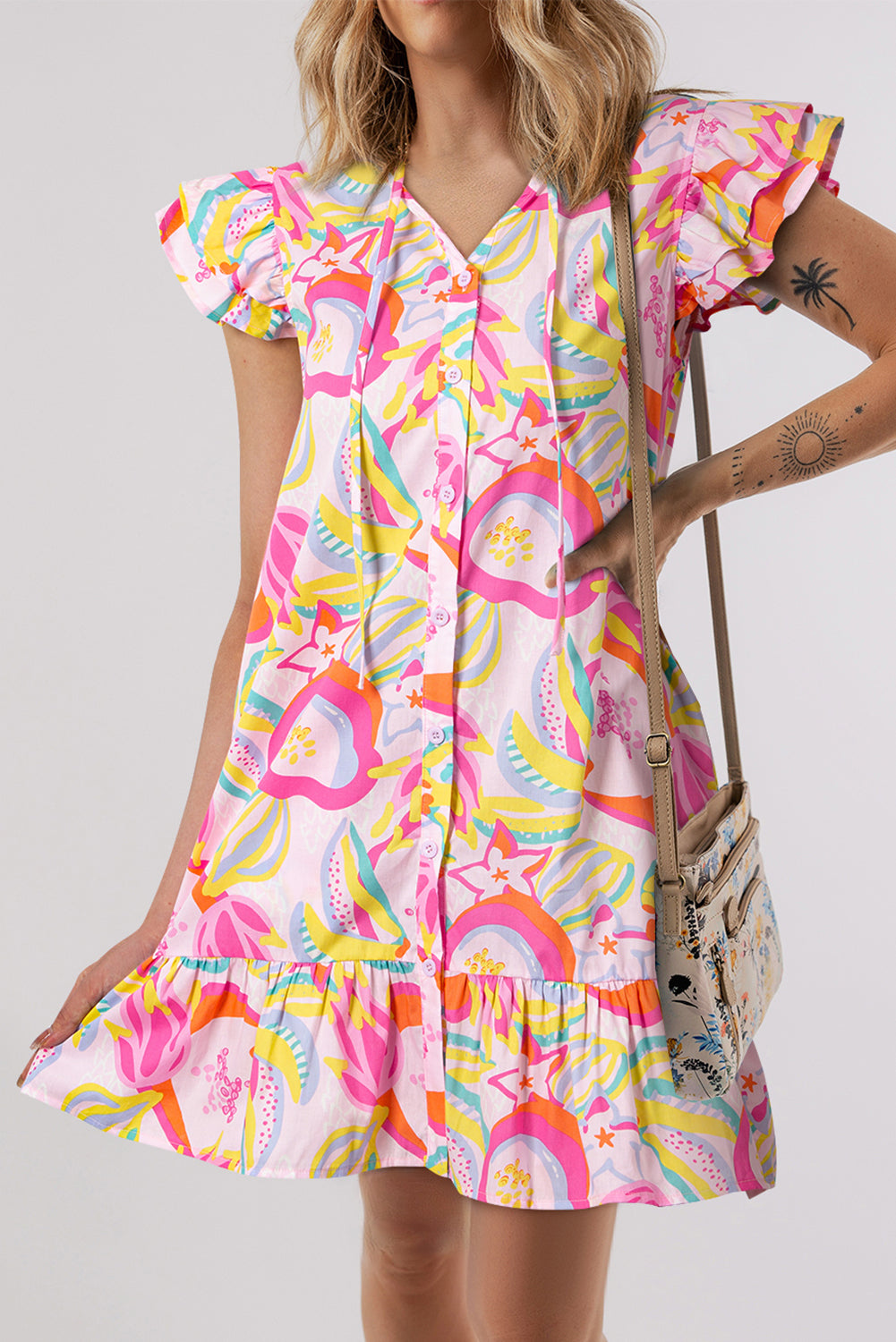 Pink Abstract Floral Ruffle Sleeve Buttoned Dress
