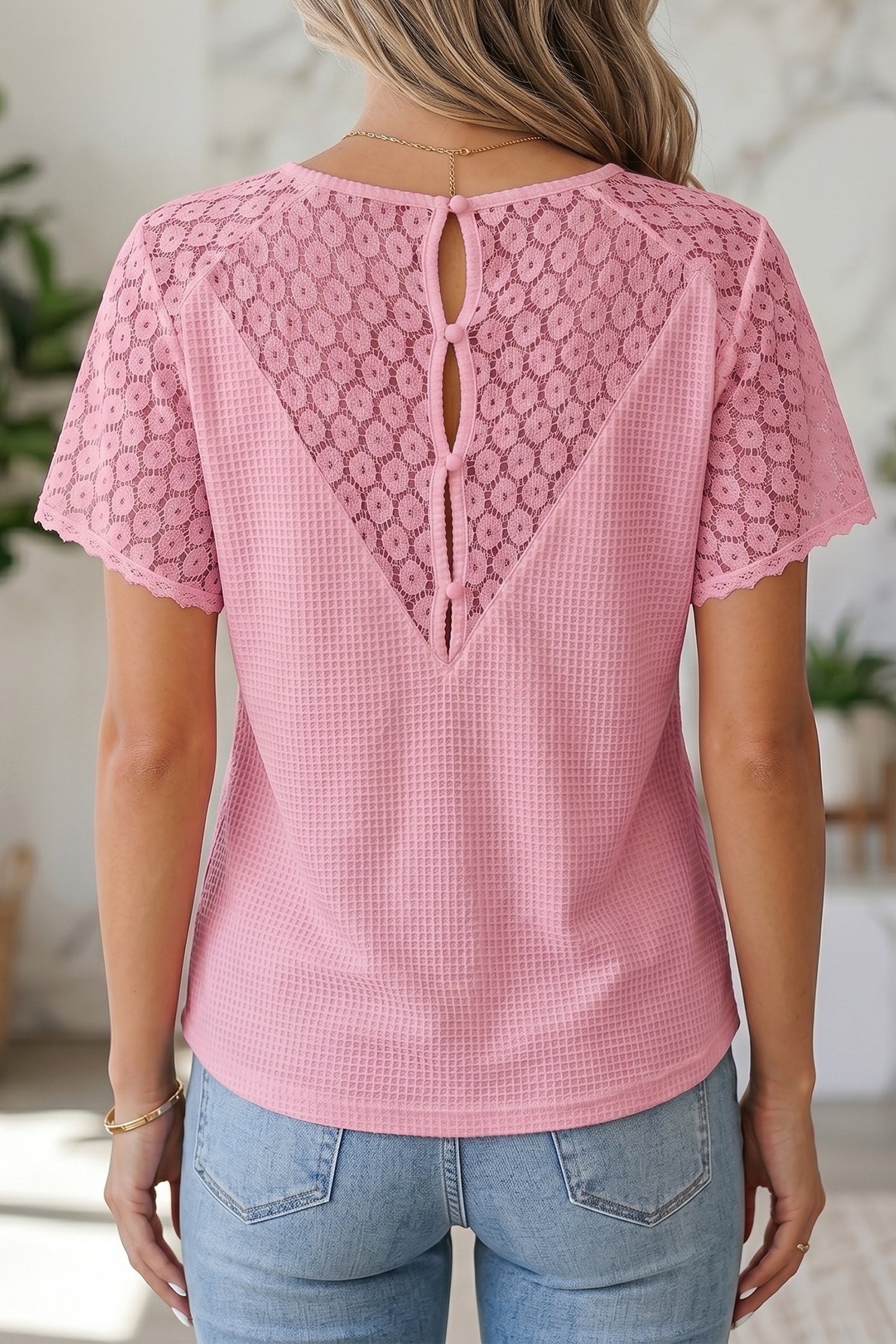 PRE-ORDER: Lace Splicing Button V Neck Waffle Knit Blouse