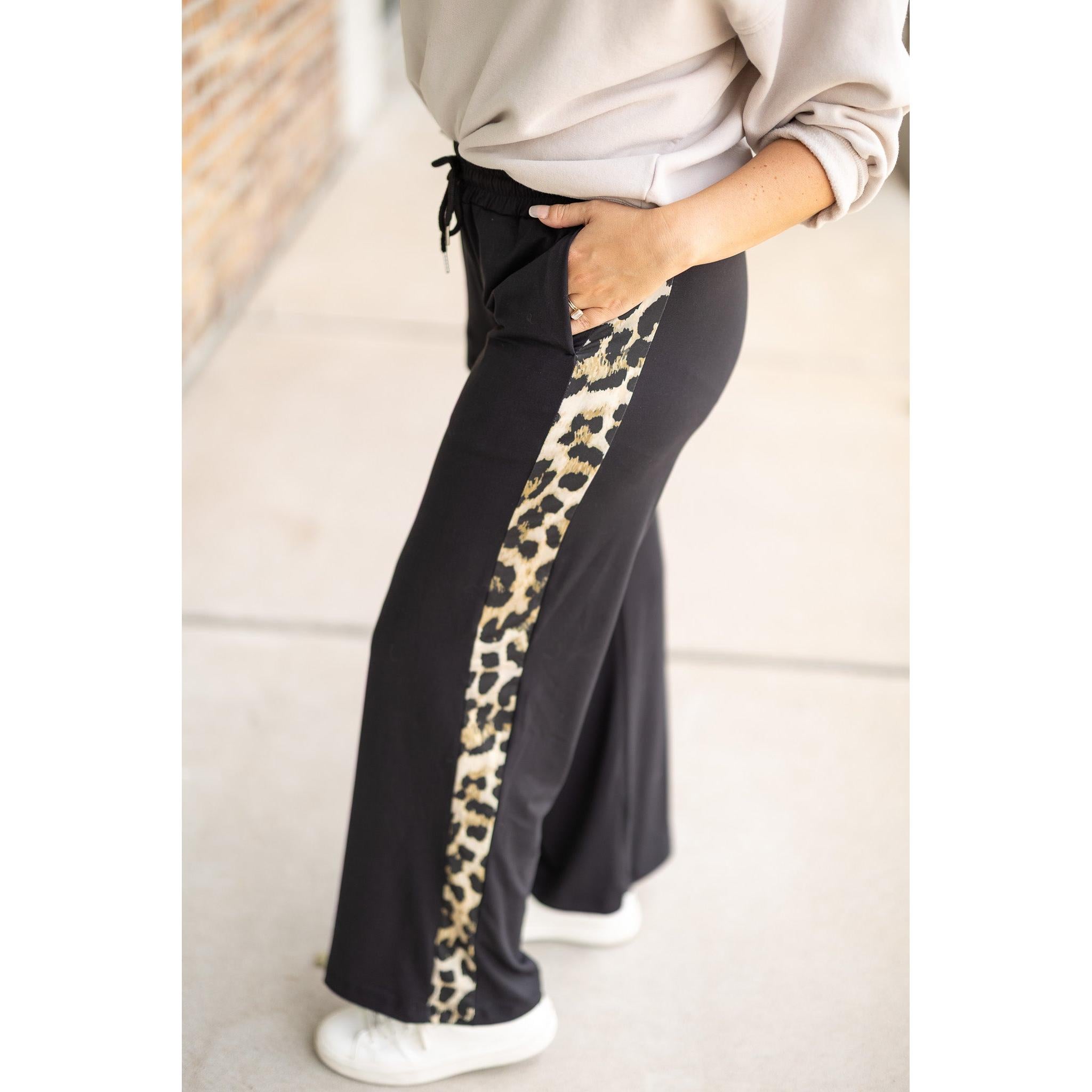 The Chelsea - Black Wide Leg with Leopard Panel Loungers