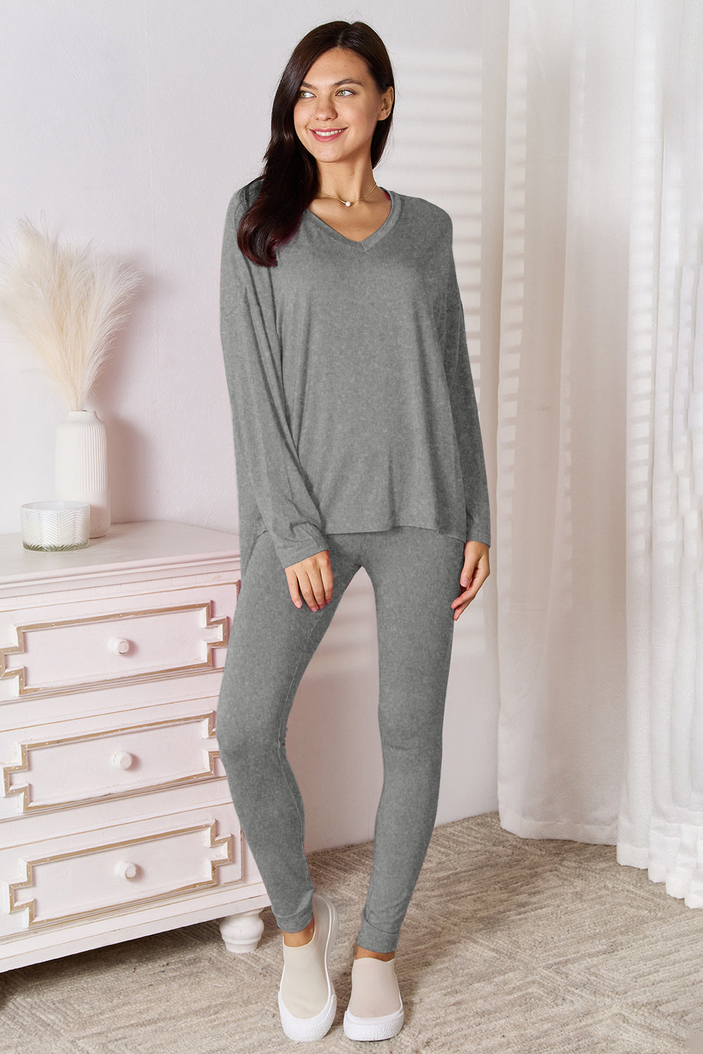 V-Neck Long Sleeve Top and Pants Lounge Set