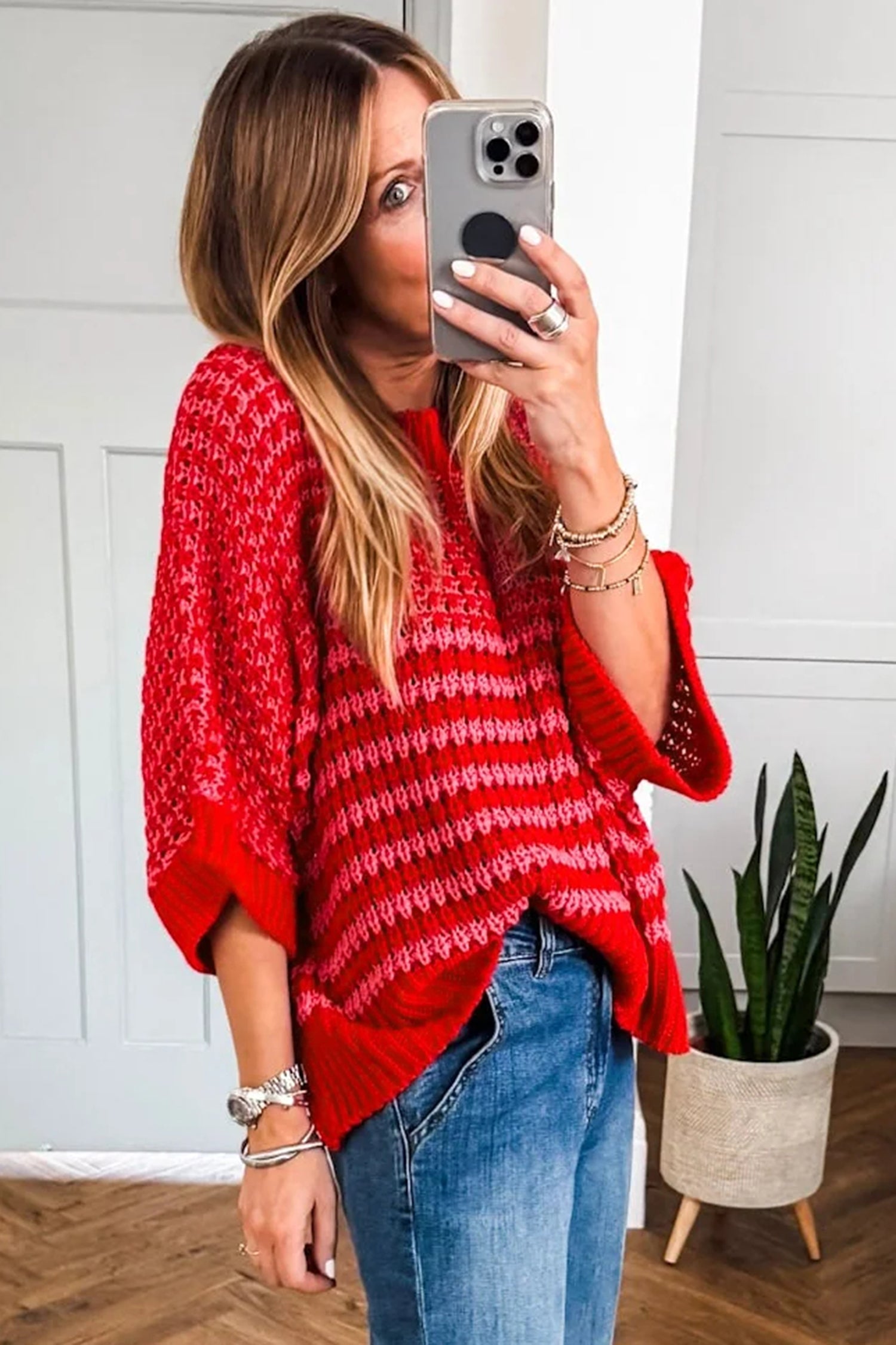 PRE-ORDER: Striped 3/4 Draped Sleeve Slouchy Sweater