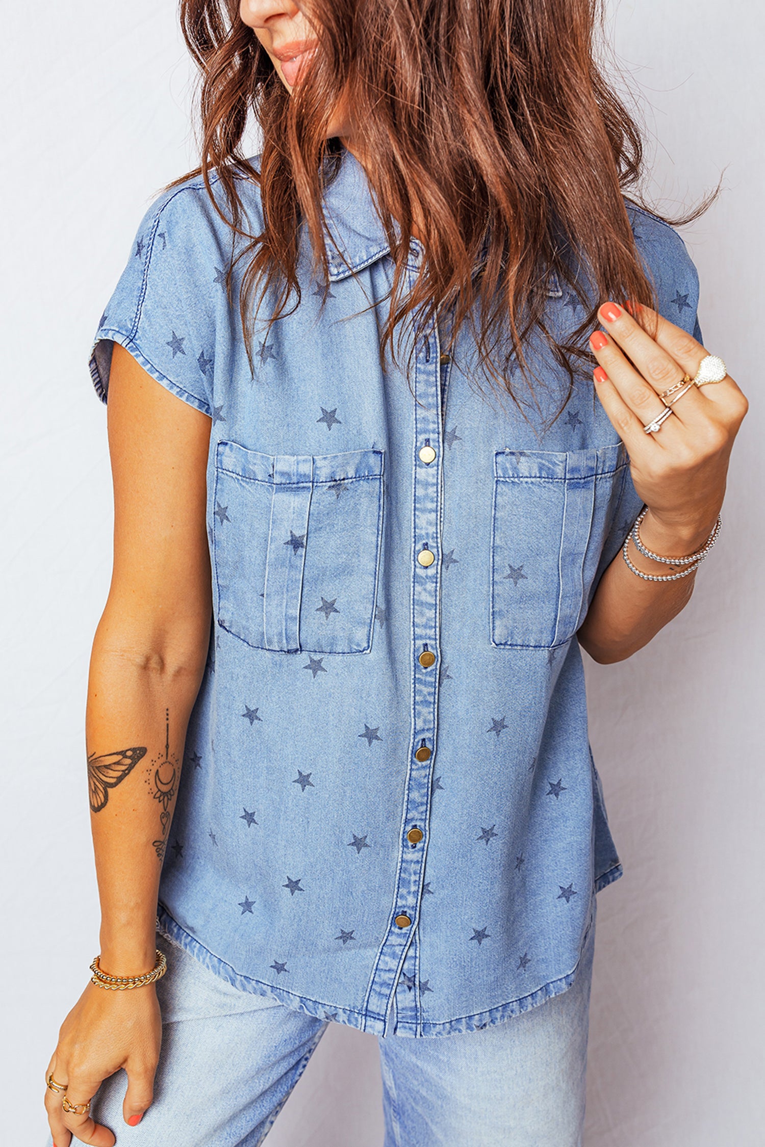 PRE-ORDER: Blue Star Print Double Chest Pocket Short Sleeve Denim Shirt