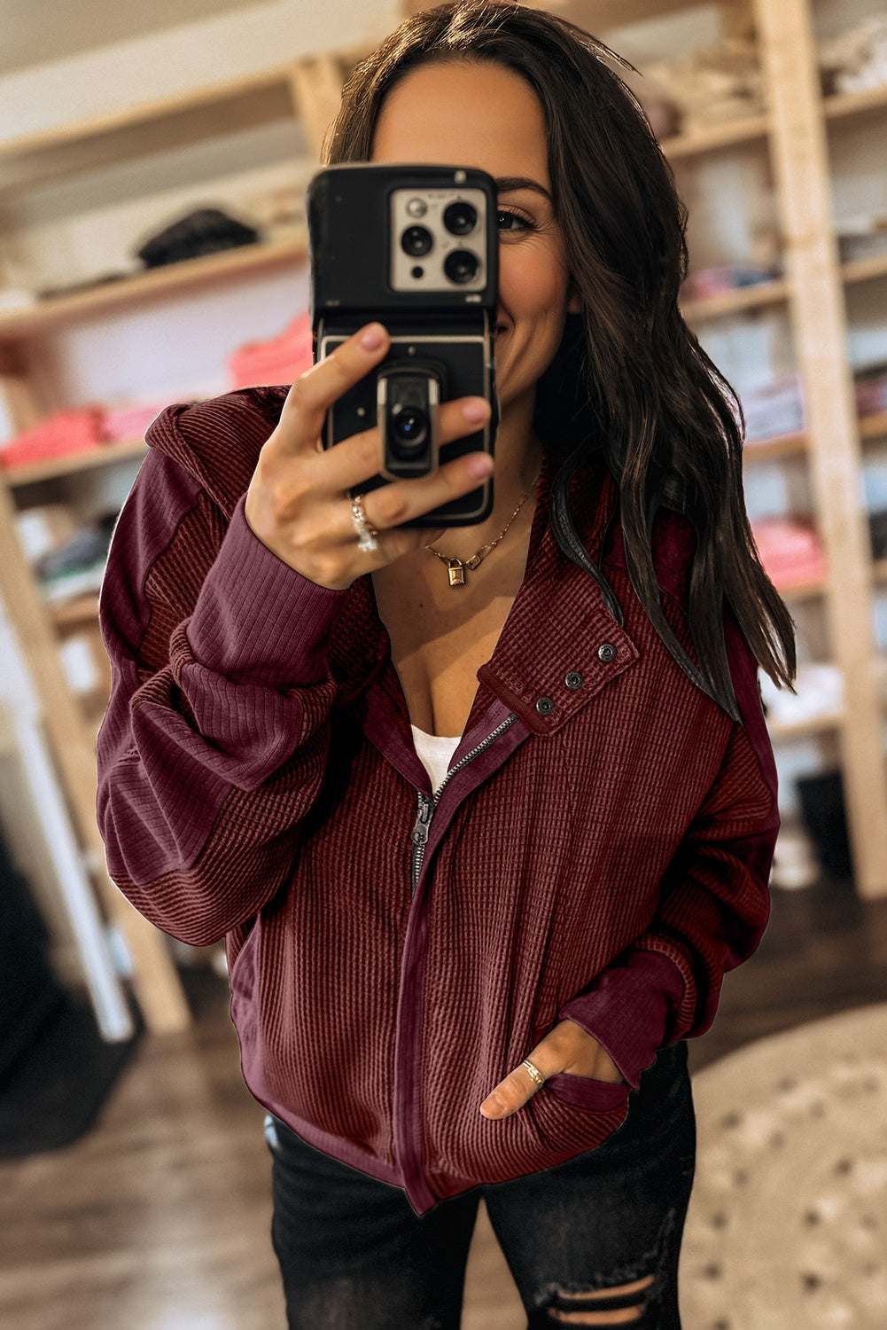 Waffle Splicing Zip Up Front Button Hooded Jacket