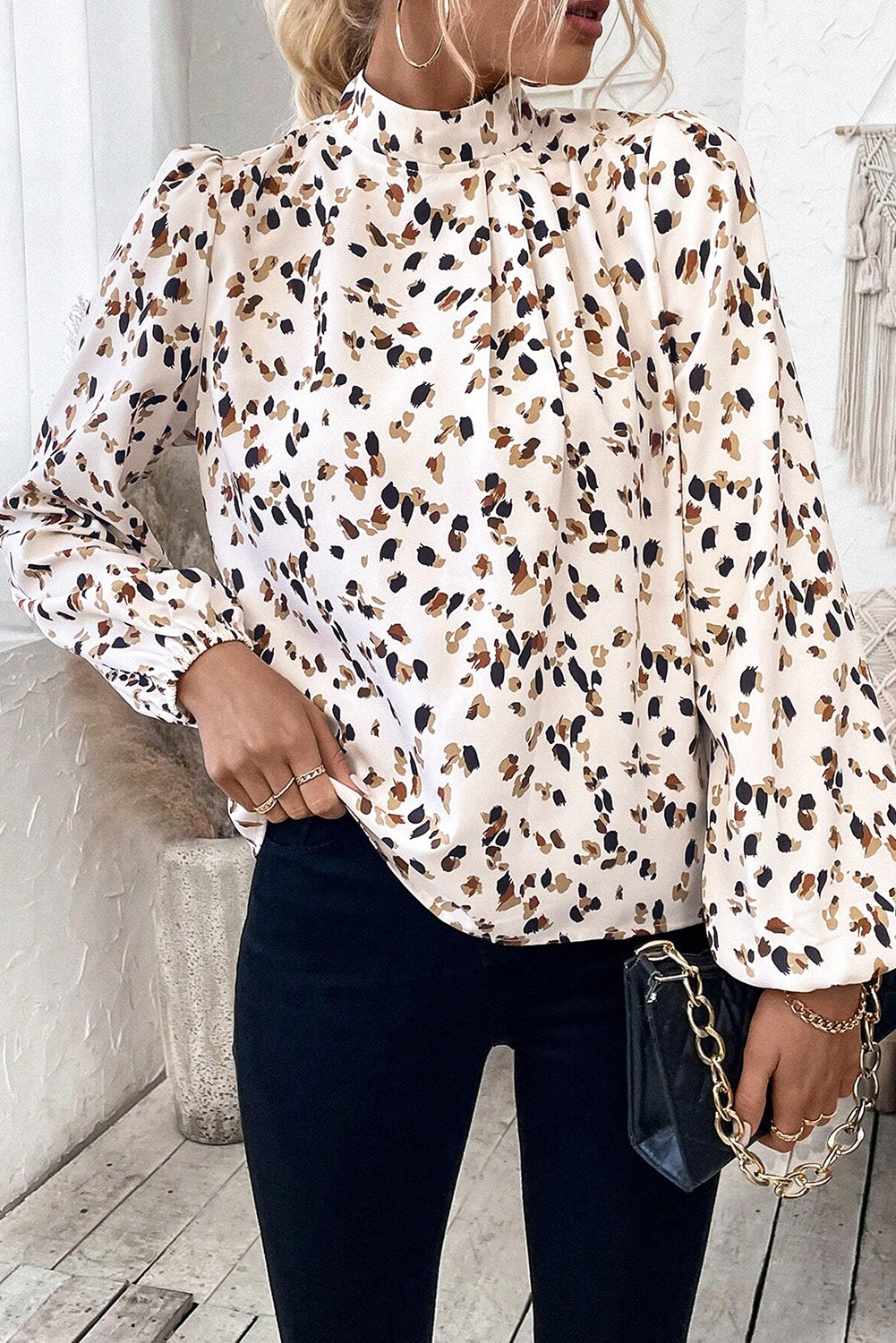 PRE-ORDER: Leopard Print Puff Sleeve Mock Neck Pleated Blouse