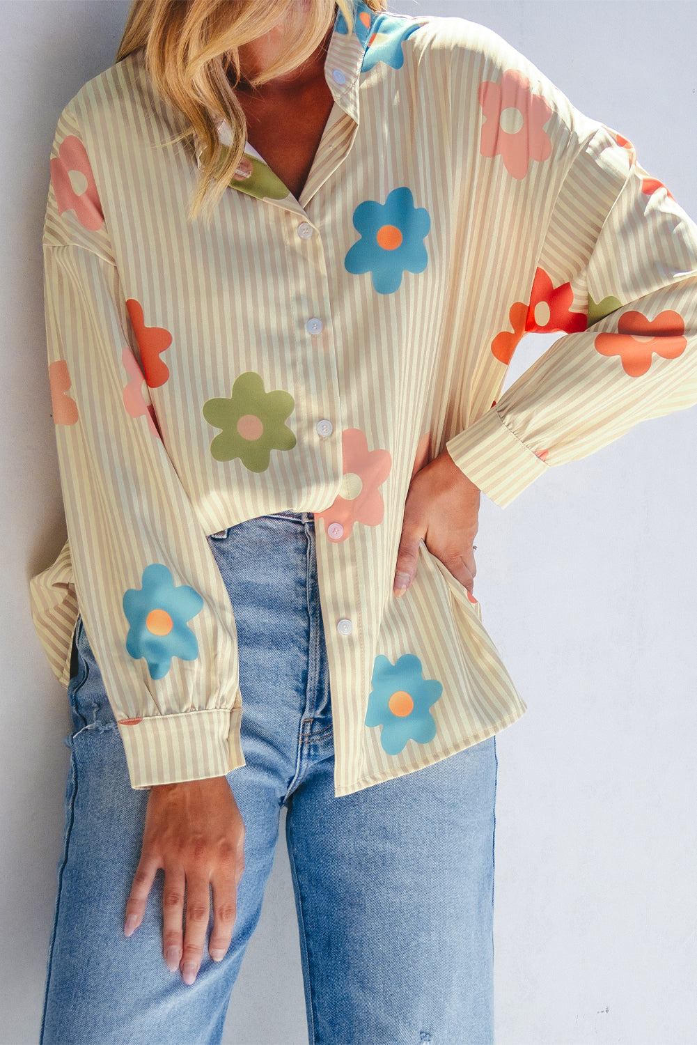 Striped Flower Print Collared Button down Top