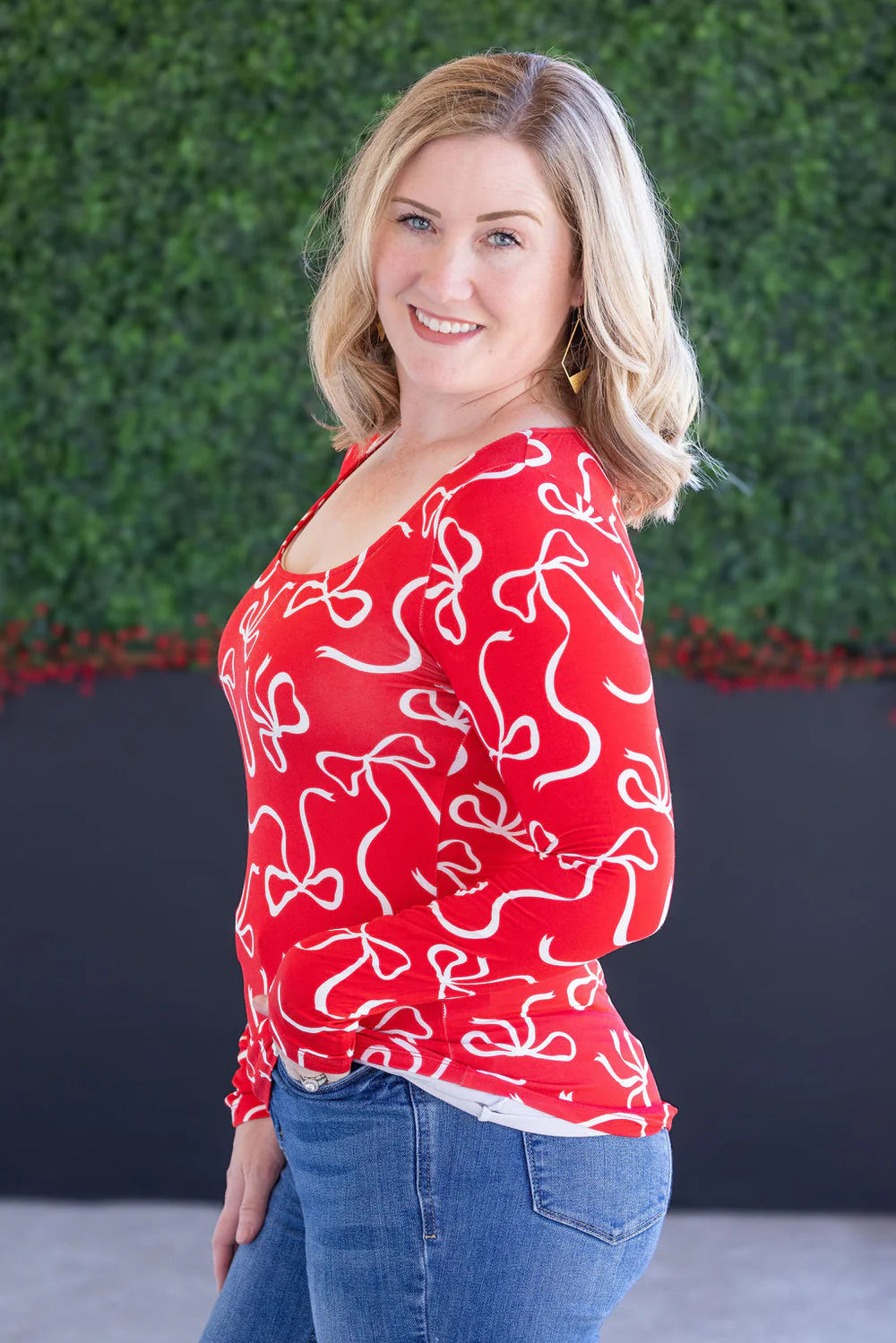 Alyssa Long Sleeve Top - Red and White Ribbons