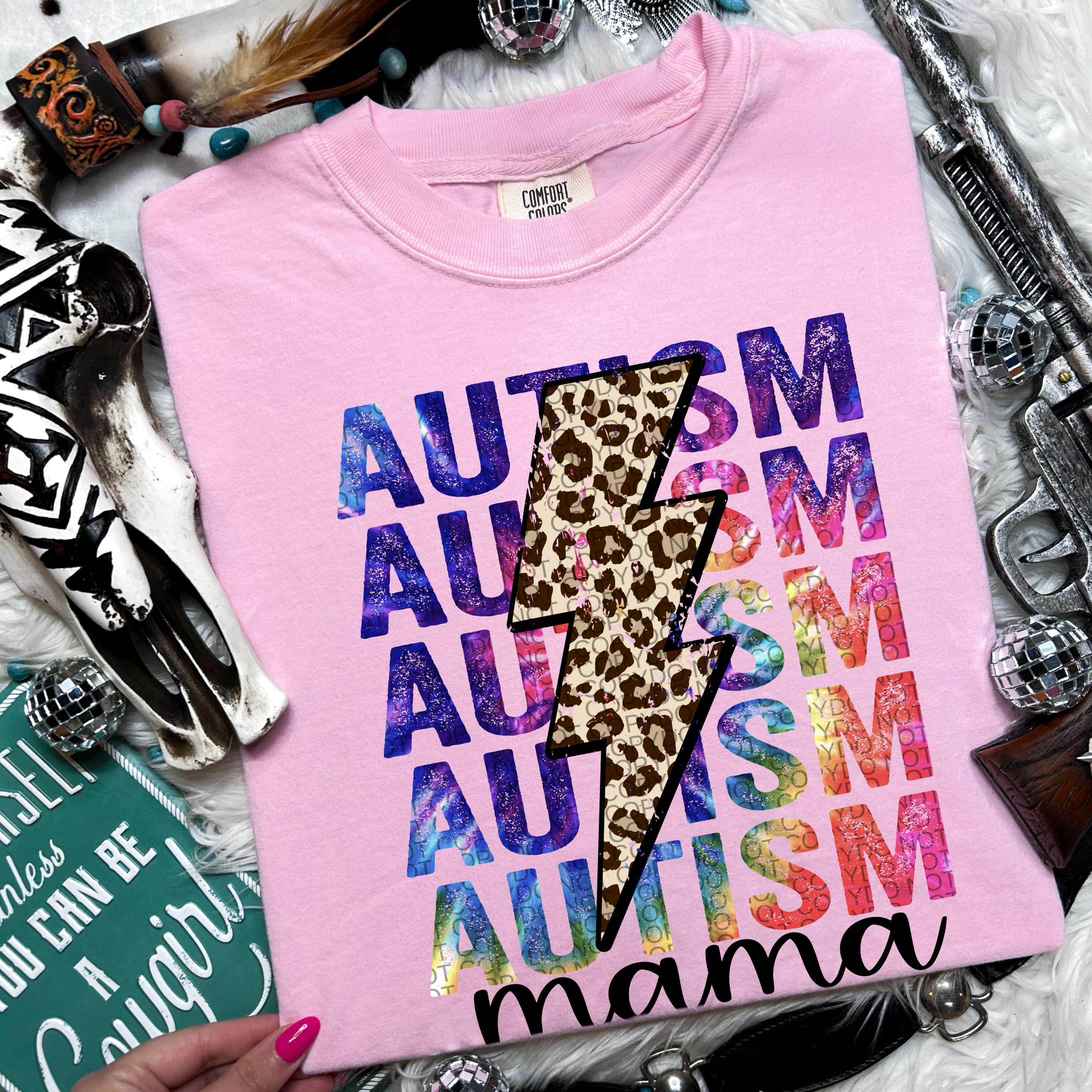 Autism Mama Stacked Leopard Bolt Graphic Tee