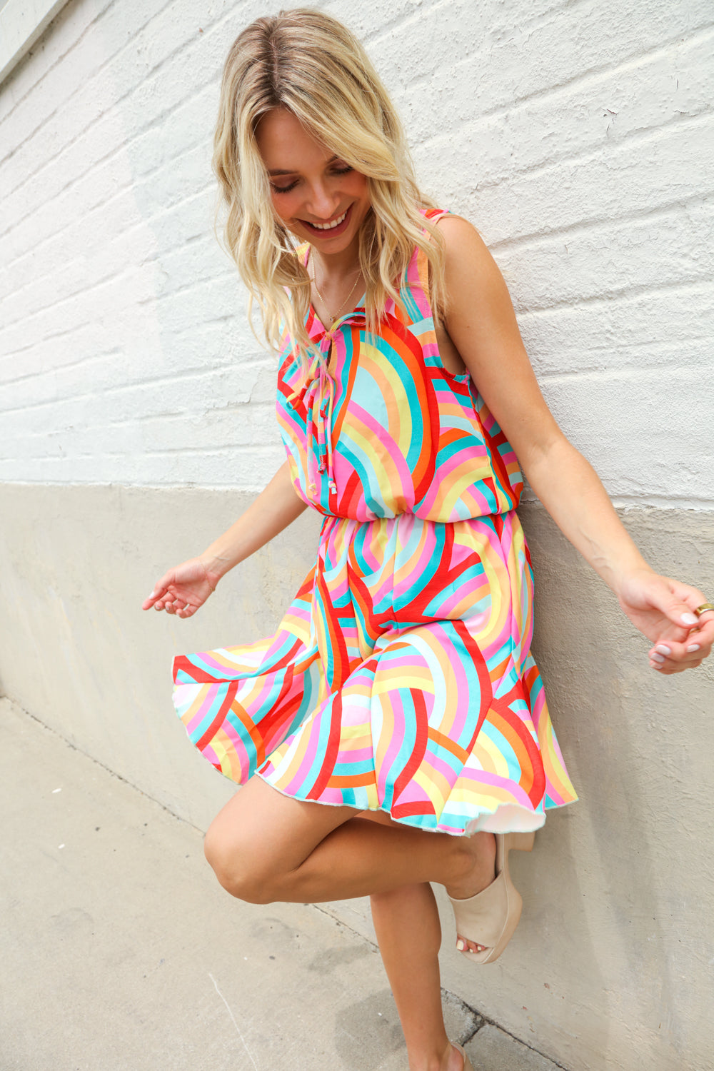 Multicolor Neck Ribbon Tie Bow Flare Hem Romper
