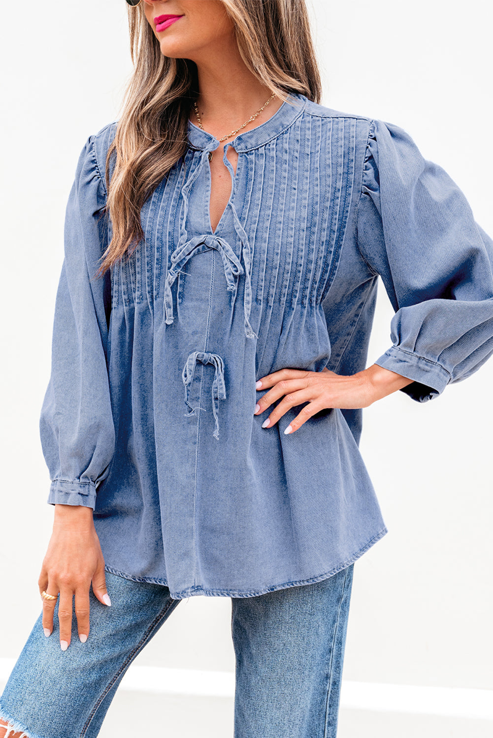 Denim Blue Front Pintuck Bow Tie Puff Sleeve Blouse
