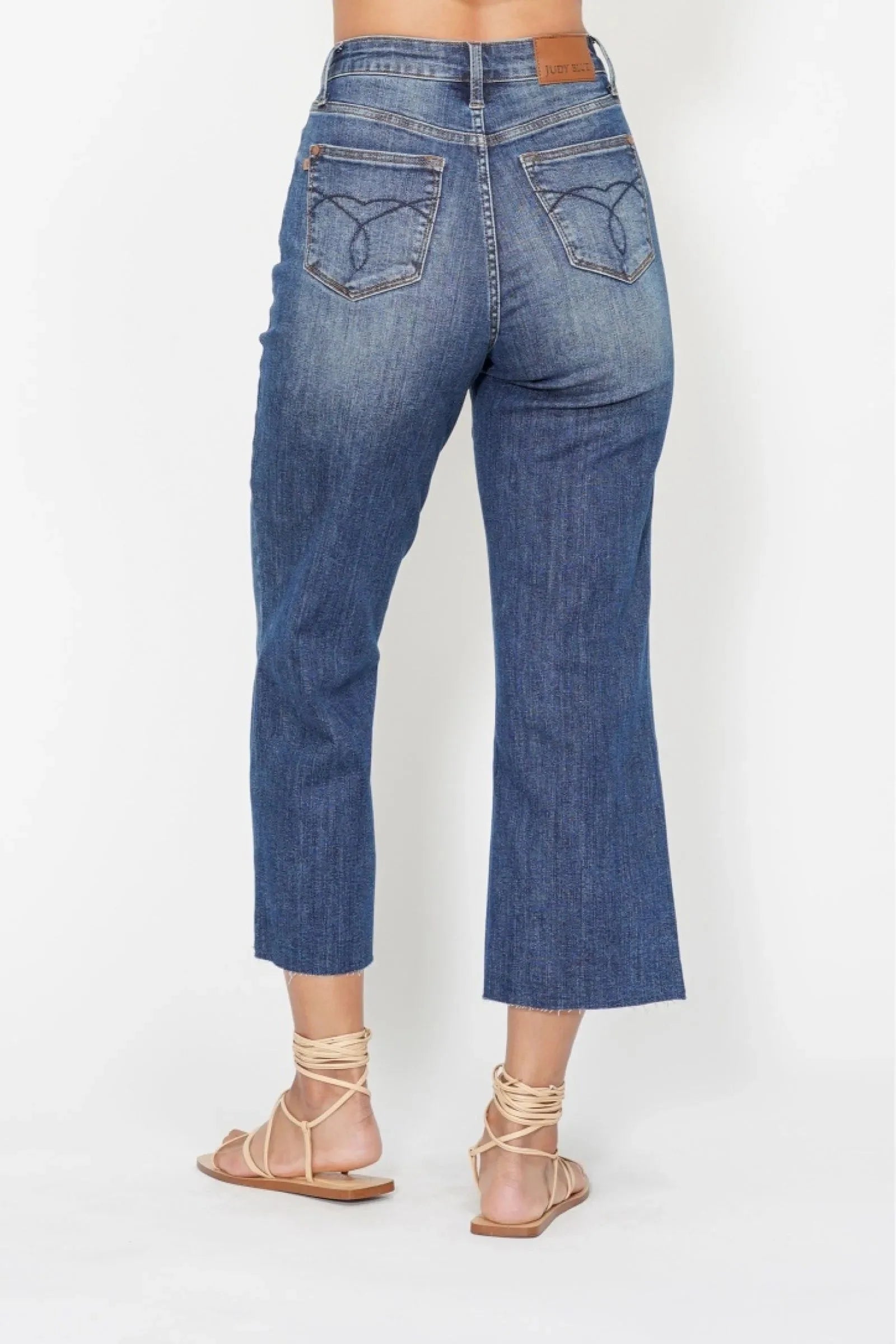 High Waist Back Pocket Embroidery Crop Wide Jeans