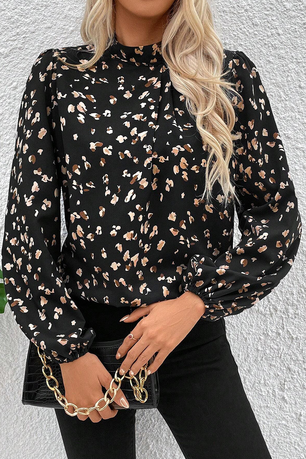 PRE-ORDER: Leopard Print Puff Sleeve Mock Neck Pleated Blouse