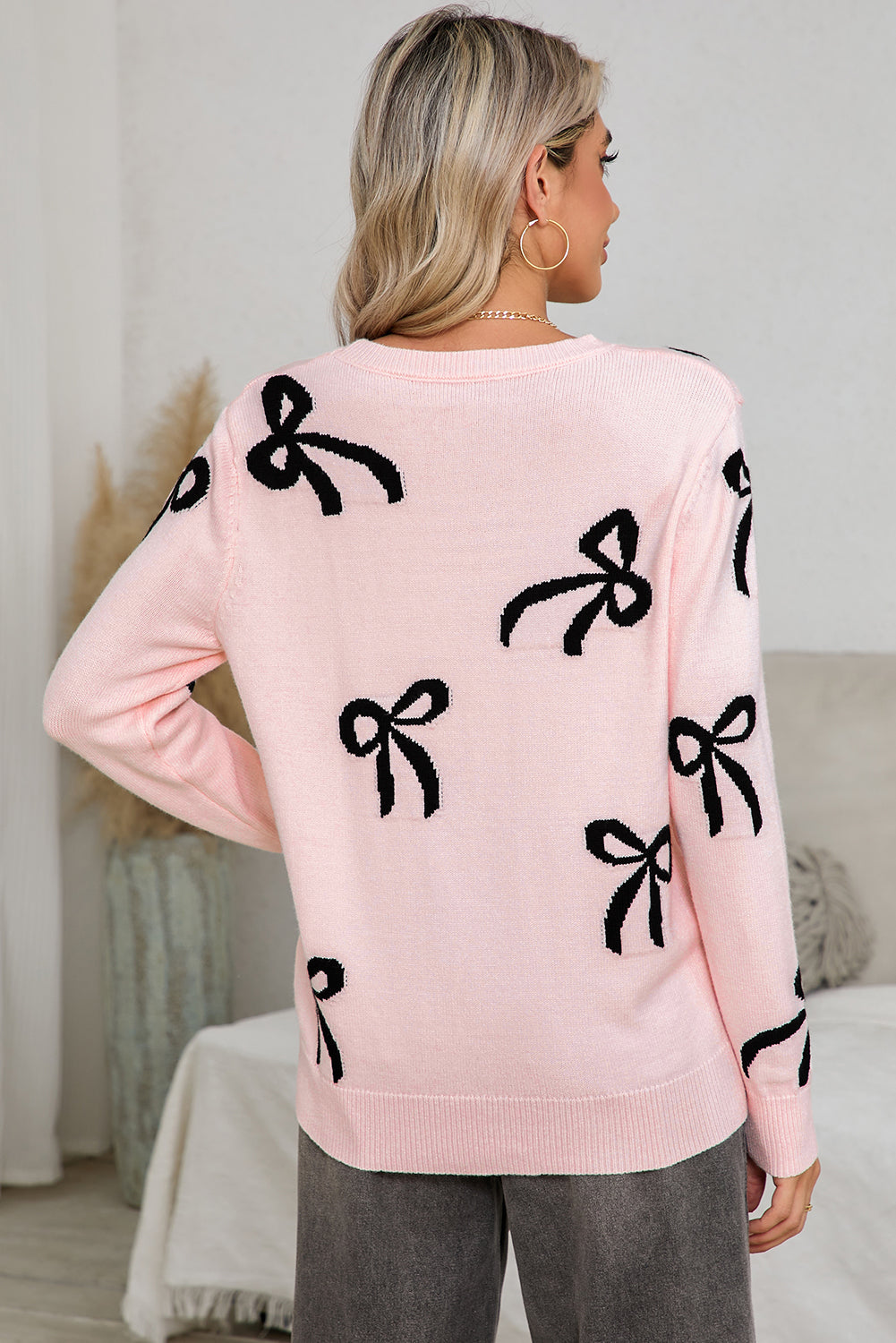 PRE-ORDER: Light Pink Bow Print Long Sleeve Loose Fit Sweater