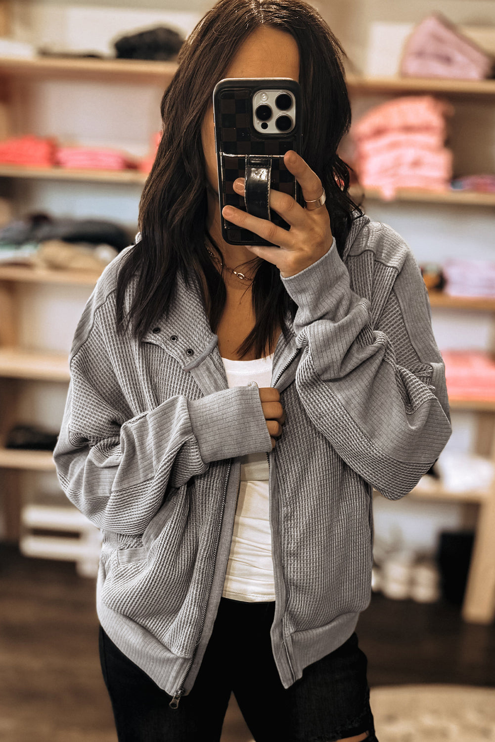 Waffle Splicing Zip Up Front Button Hooded Jacket