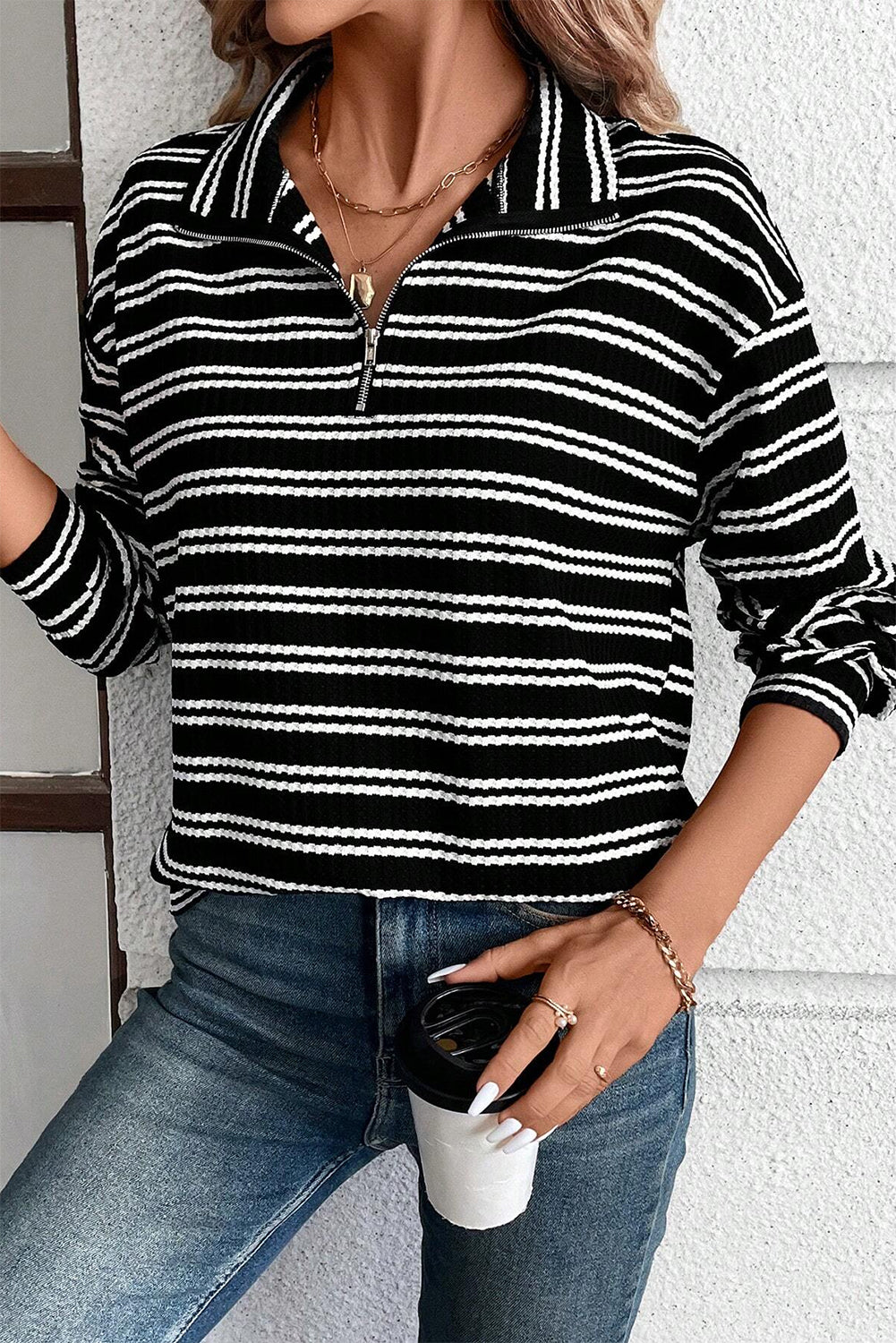 Black Stripe Textured Quarter Zip