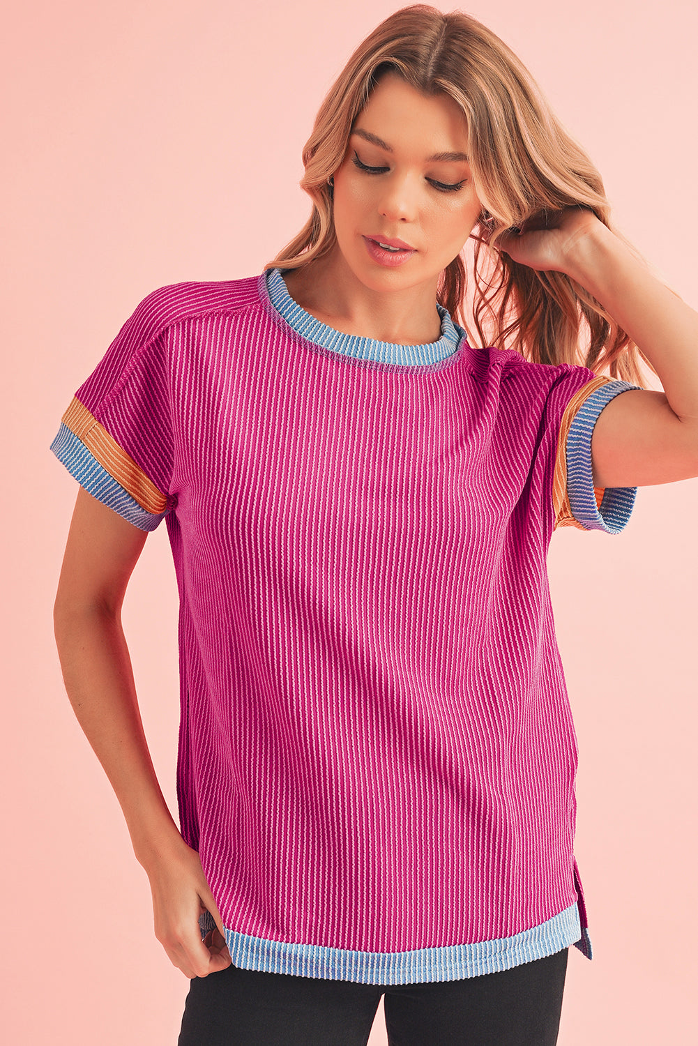 PRE-ORDER: Textured Contrast Color Round Neck T Shirt