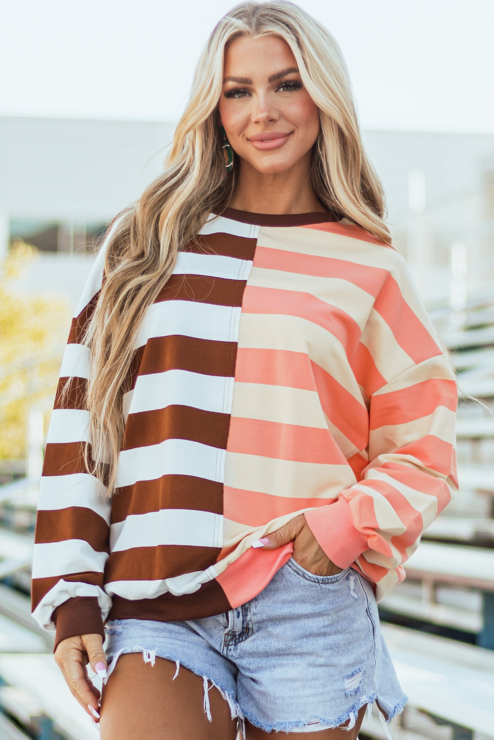 Striped Color Block Drop Shoulder Pullover