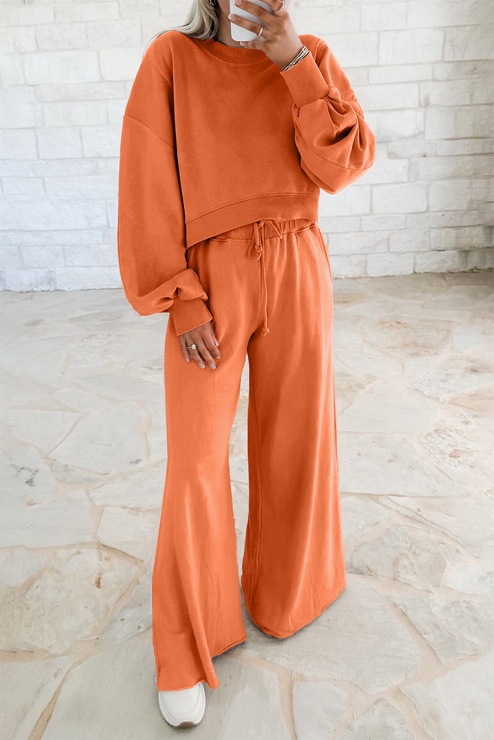 Drop Shoulder Crop Pullover Drawstring Wide Leg Pants Set