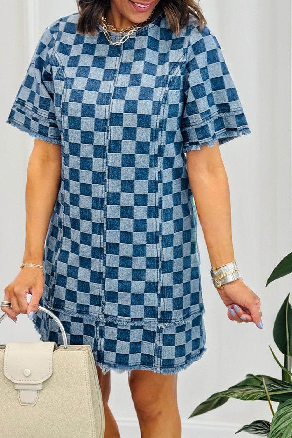 PRE-ORDER: Sky Blue Frayed Hem Checkered Denim Mini Dress