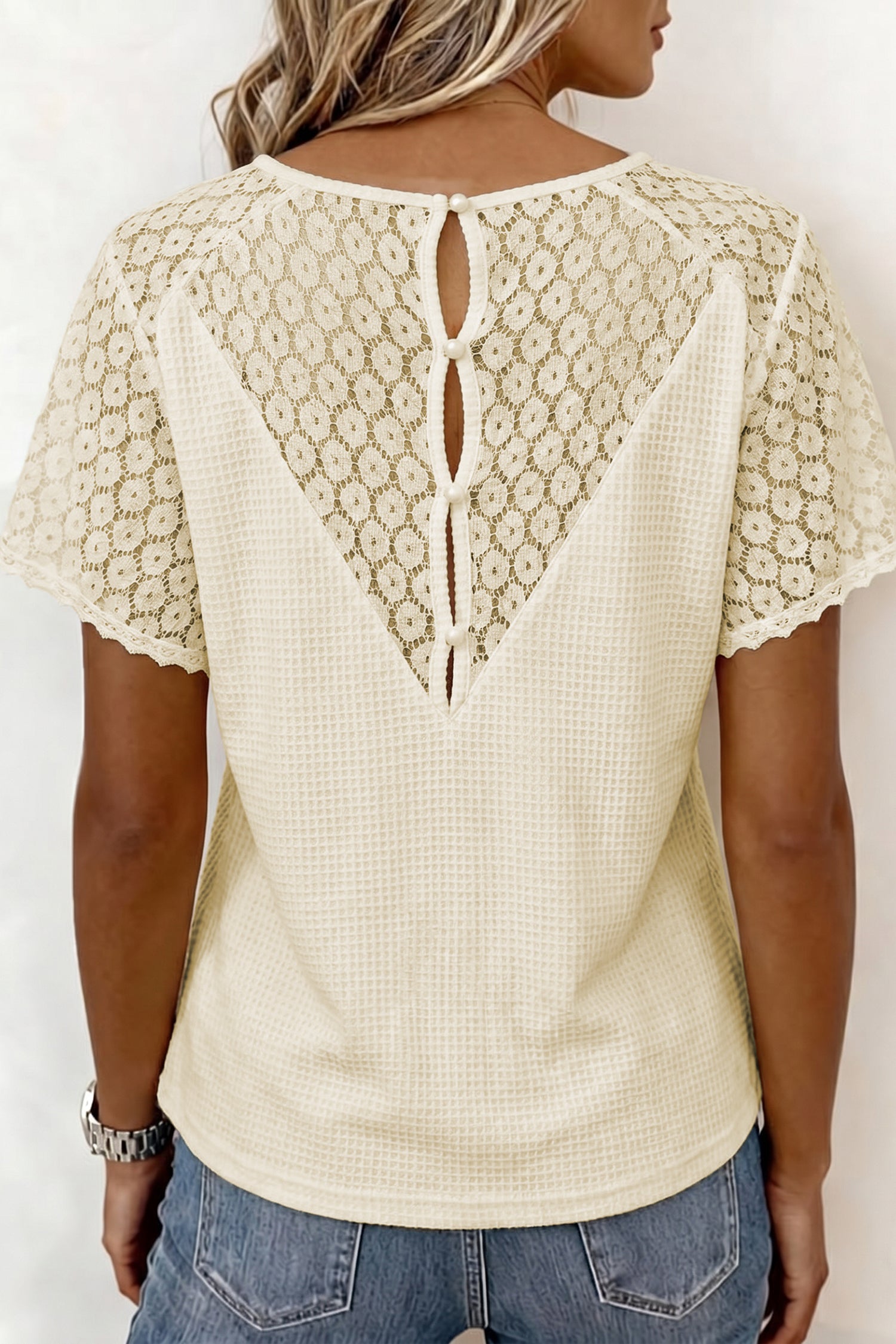 PRE-ORDER: Lace Splicing Button V Neck Waffle Knit Blouse