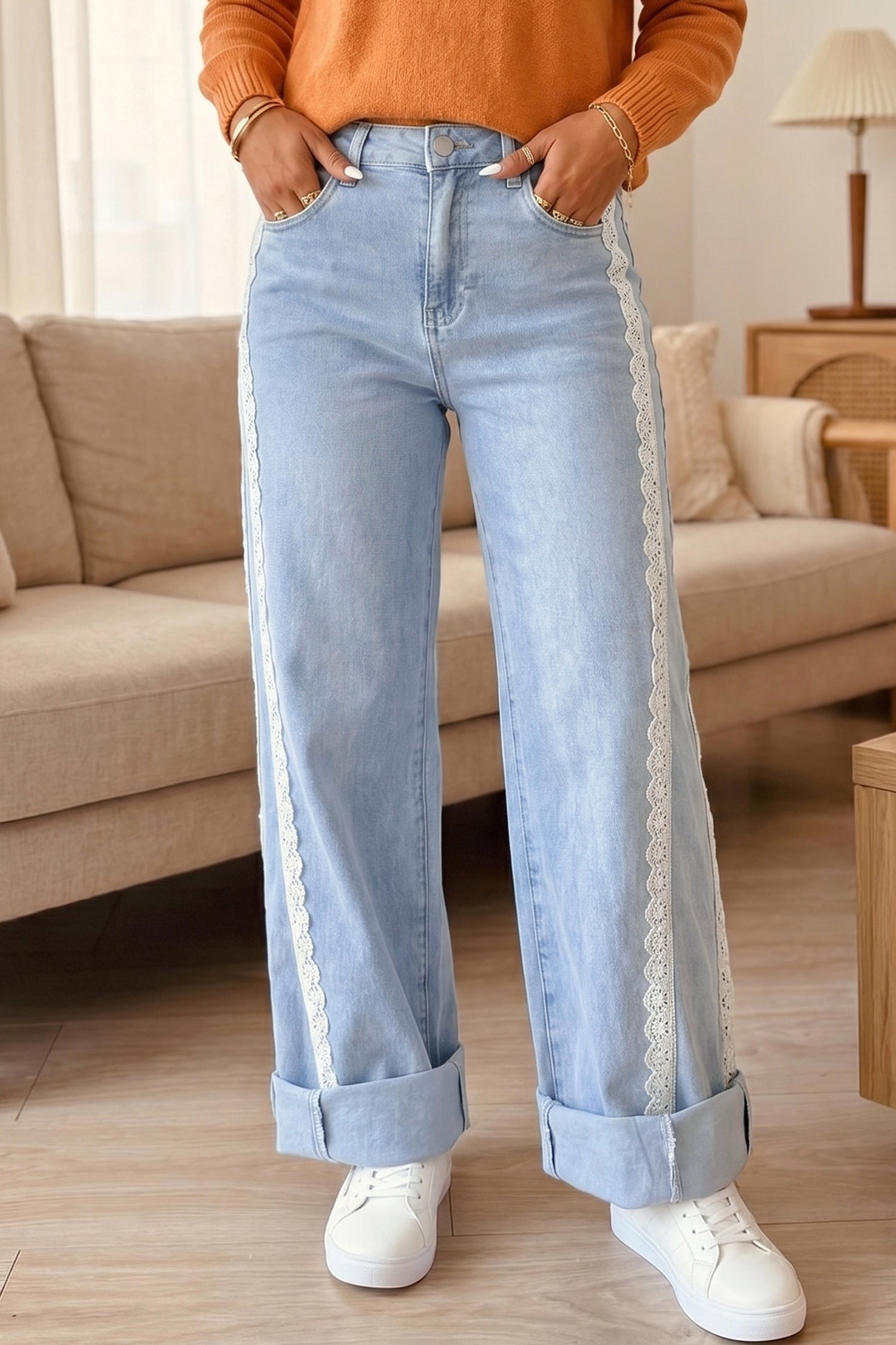 PRE-ORDER: Beau Blue Lace Trim Jeans