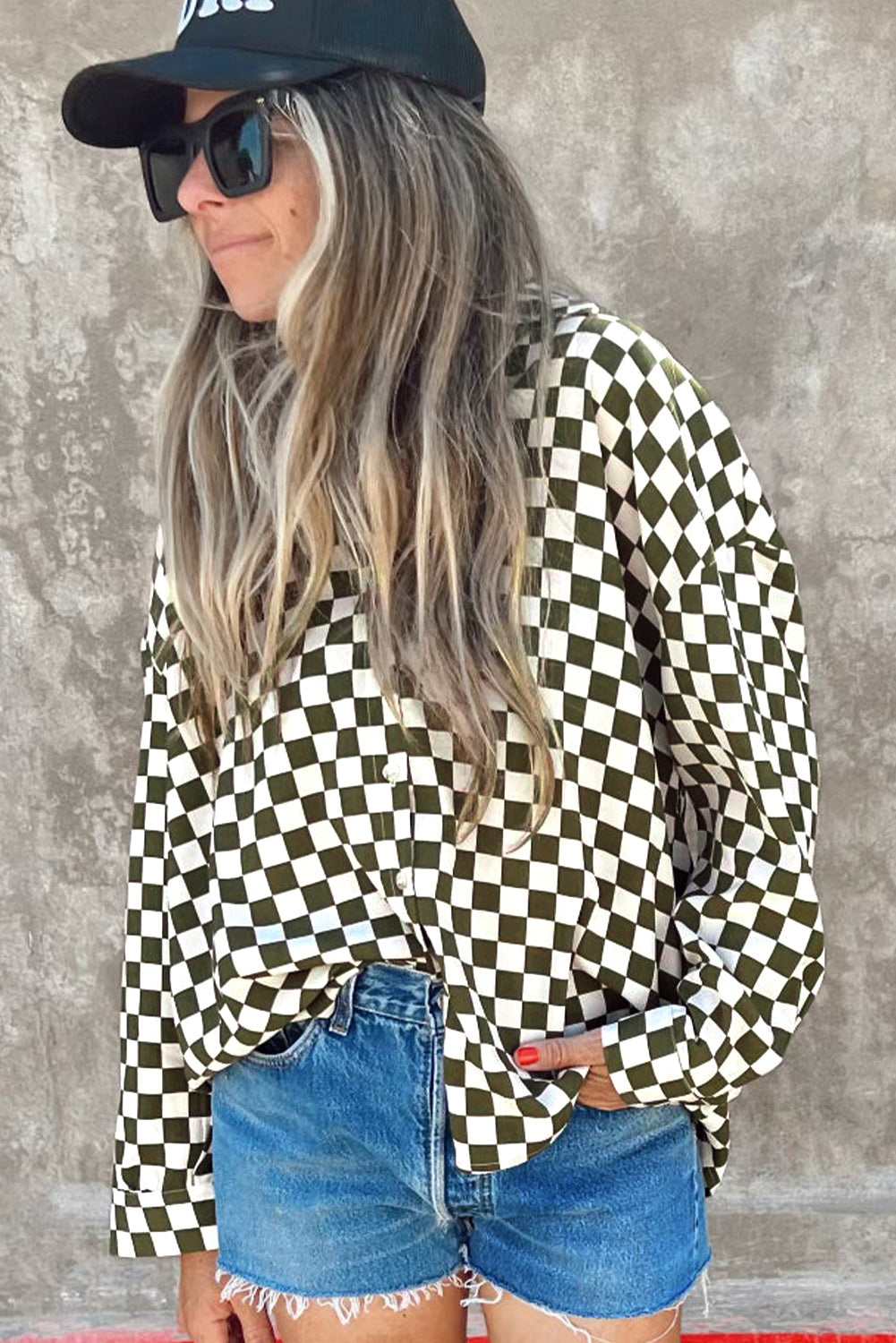 Green Checkered Drop Shoulder Casual Shirt