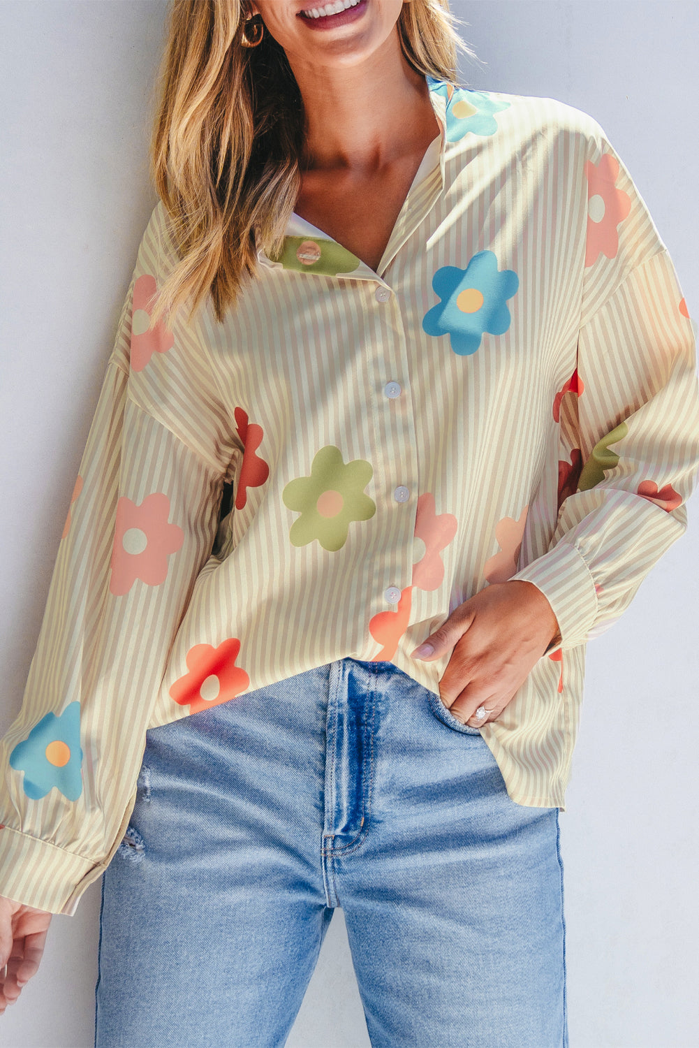 Striped Flower Print Collared Button down Top