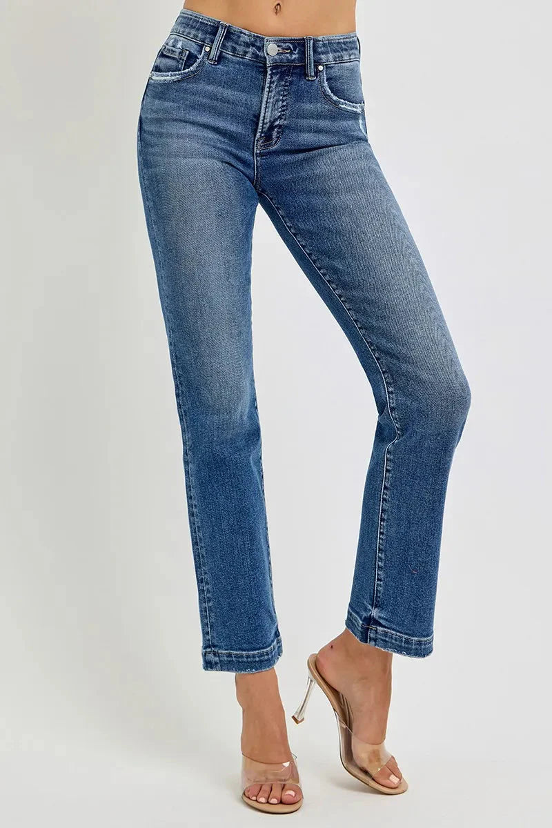 Tummy Control Elastic Band Mid Rise Straight Jeans