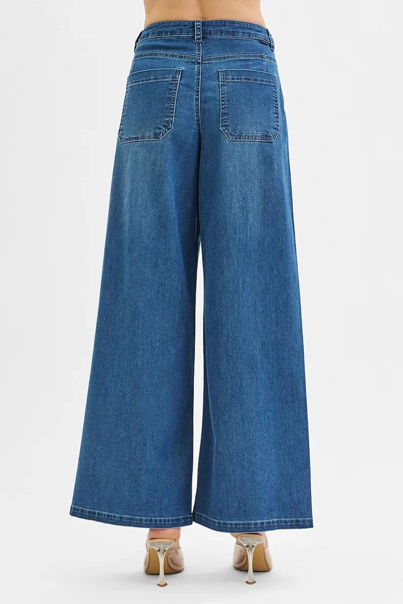 Mid Rise Wide Leg Knit Denim Palazzo Jeans