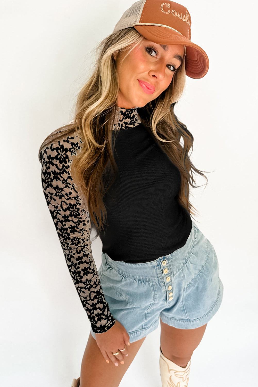 Floral Lace Long Sleeve High Neck Slim Top