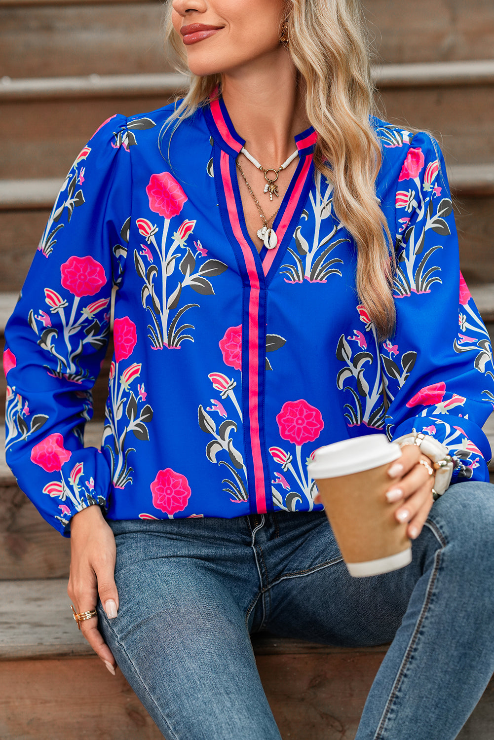 PRE-ORDER: Blue Floral Print Pop Of Color V Neck Puff Sleeve Blouse