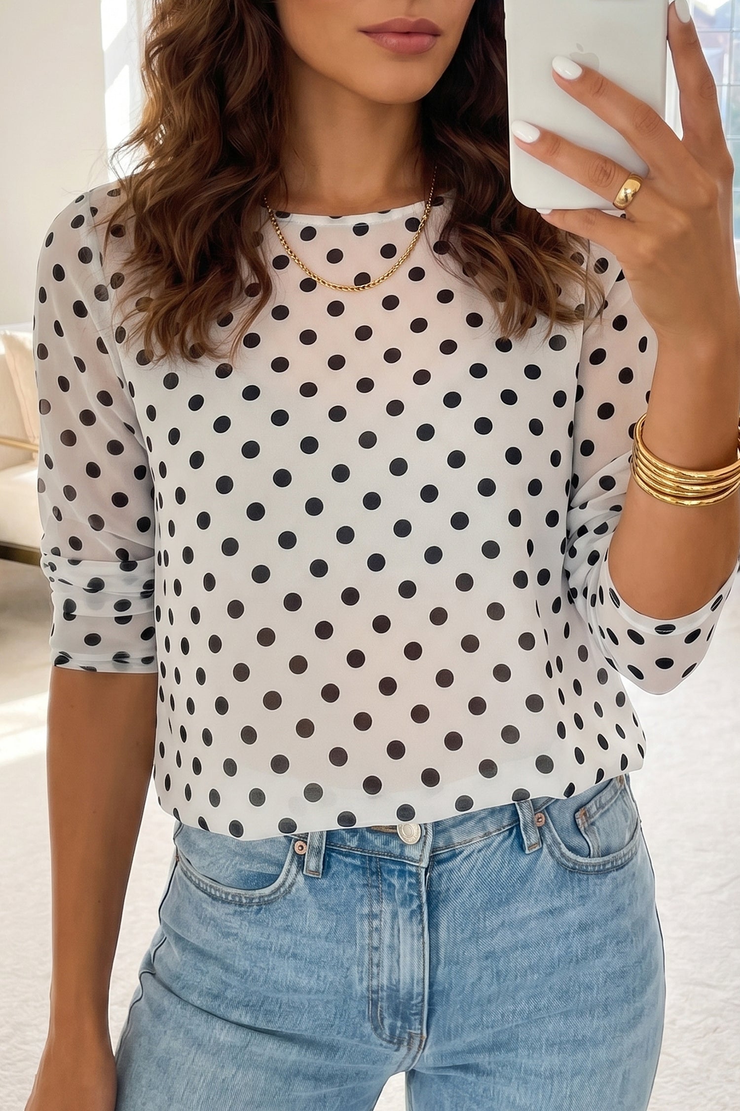 PRE-ORDER: Black Polka Dot Mesh Long Sleeve Top