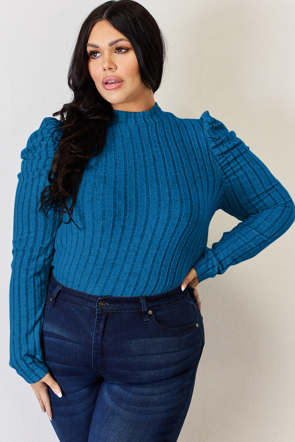 Ribbed Mock Neck Puff Sleeve Top