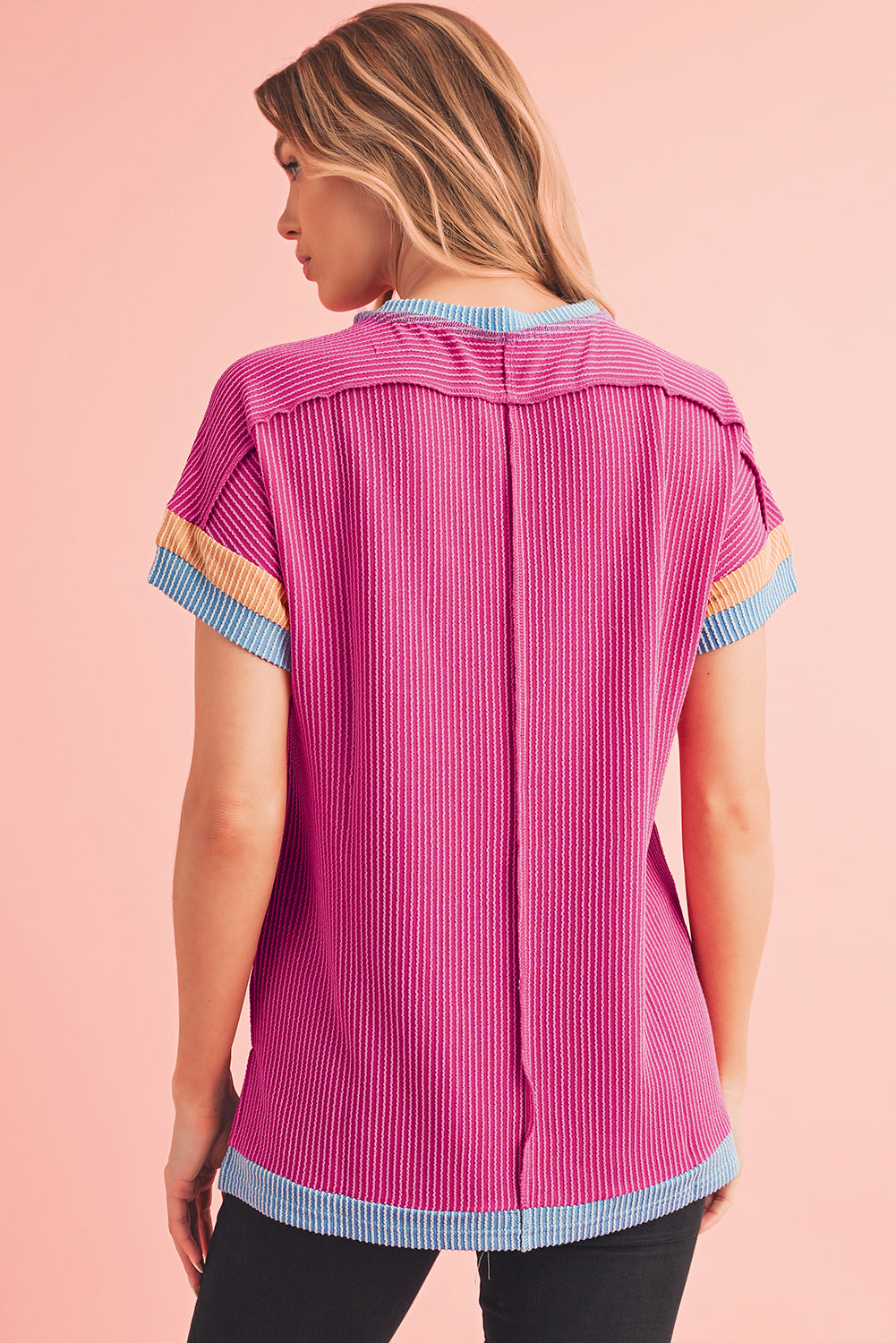 PRE-ORDER: Textured Contrast Color Round Neck T Shirt