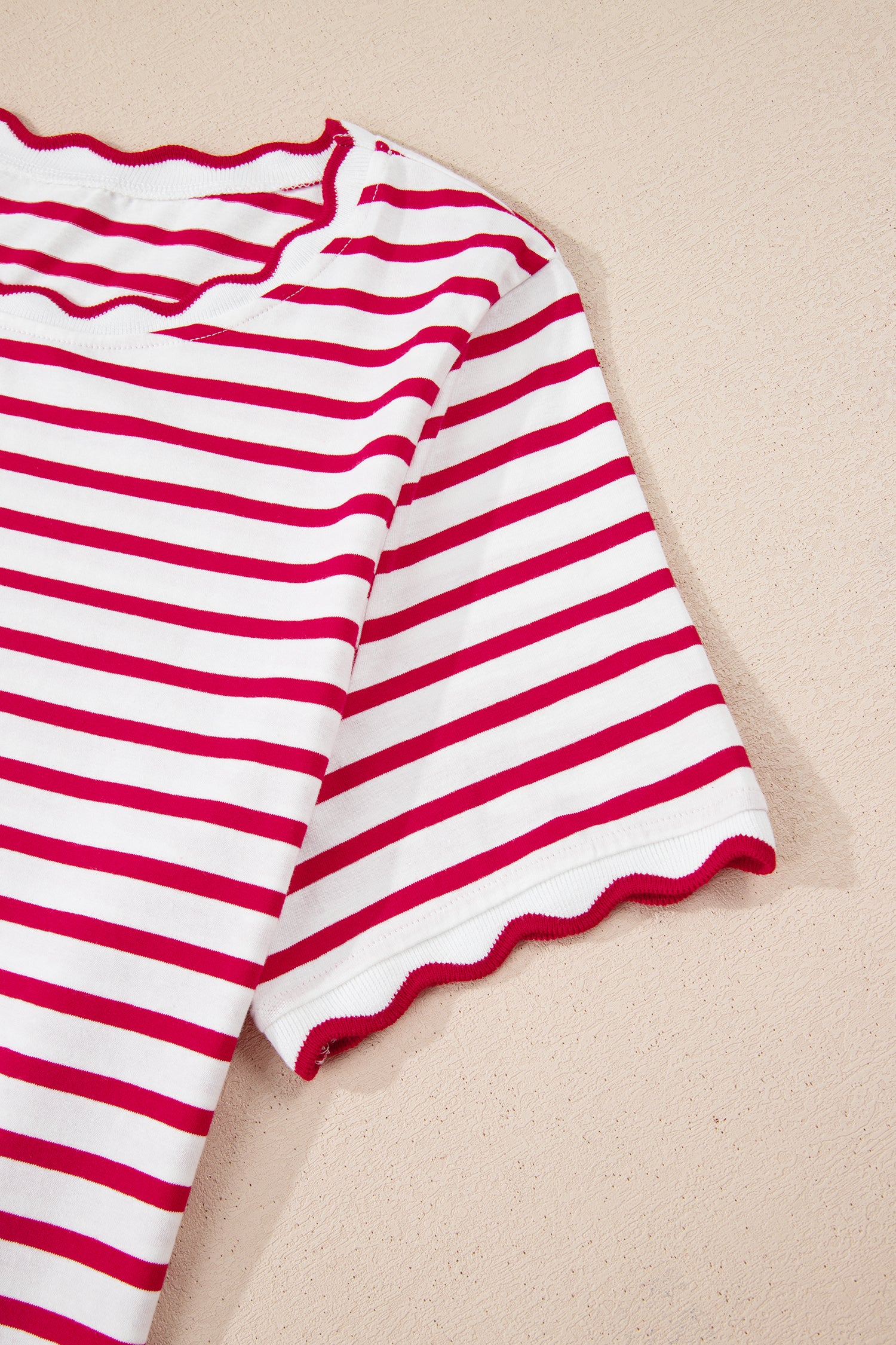 Black Stripe Scalloped Trim Round Neck T Shirt