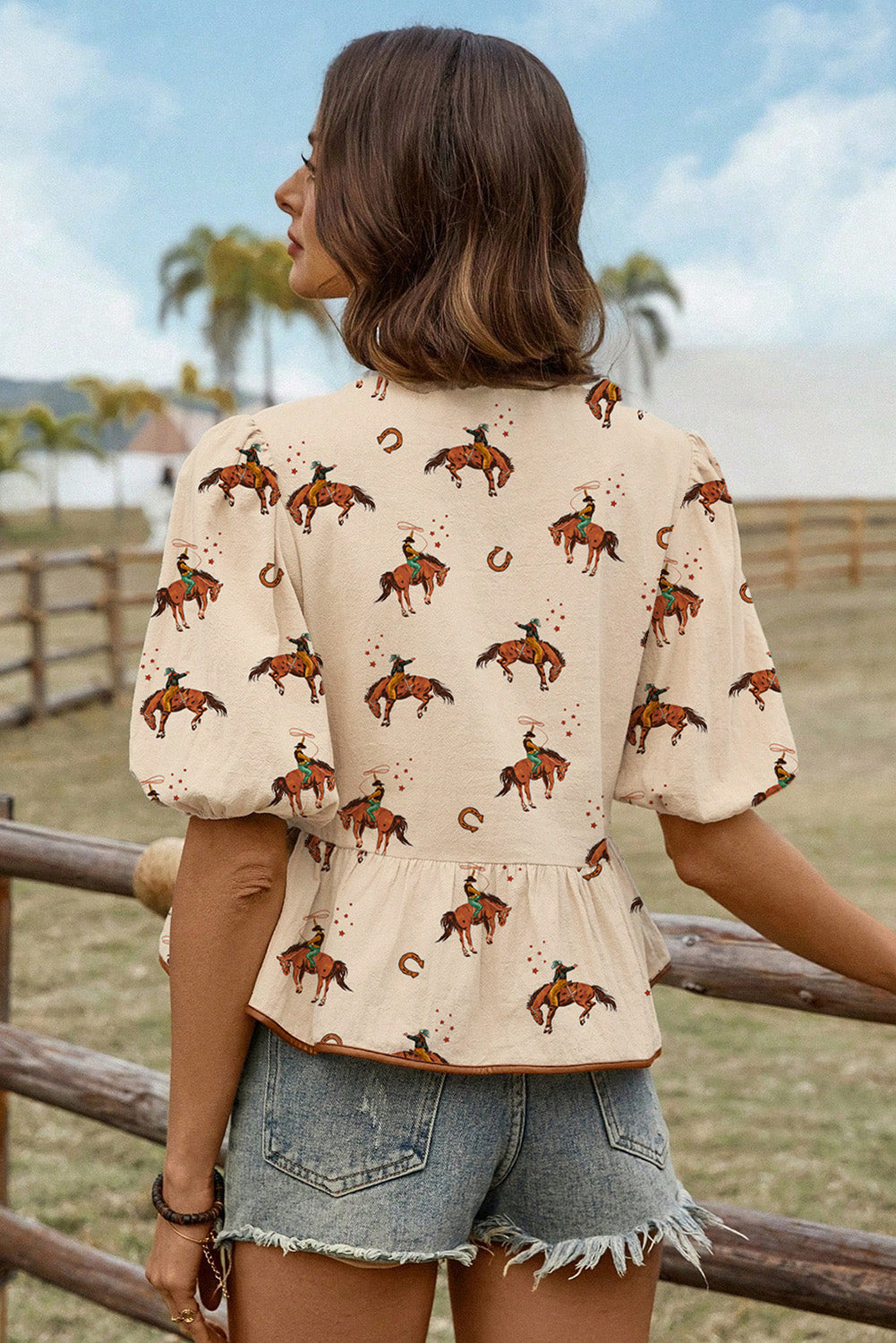 PRE-ORDER: Cowboy Print Puff Sleeve Bowknot Babydoll Blouse
