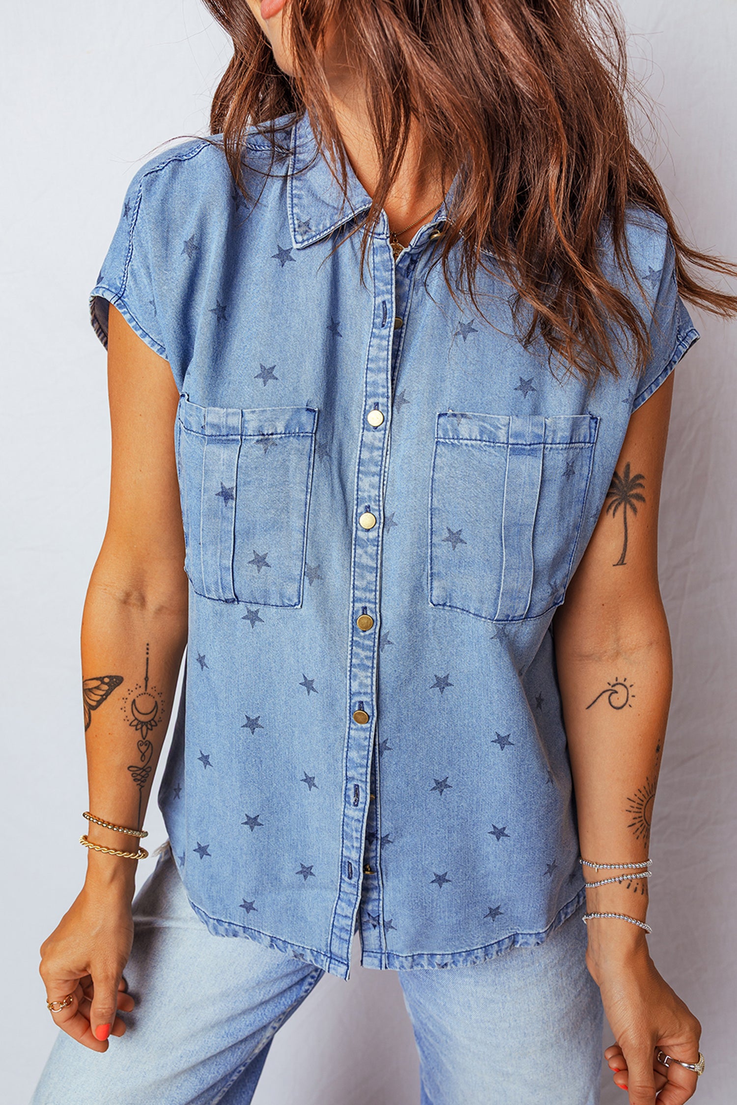PRE-ORDER: Blue Star Print Double Chest Pocket Short Sleeve Denim Shirt