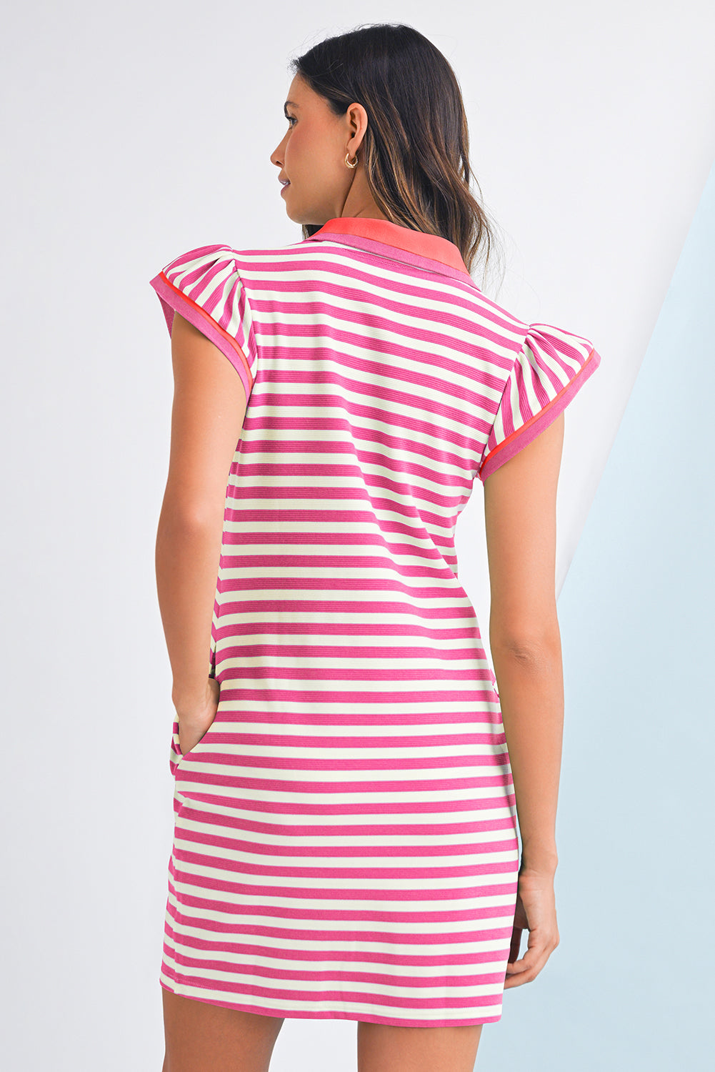 PRE-ORDER: Striped Ruffle Short Sleeve Pop of Color Neckline Dress