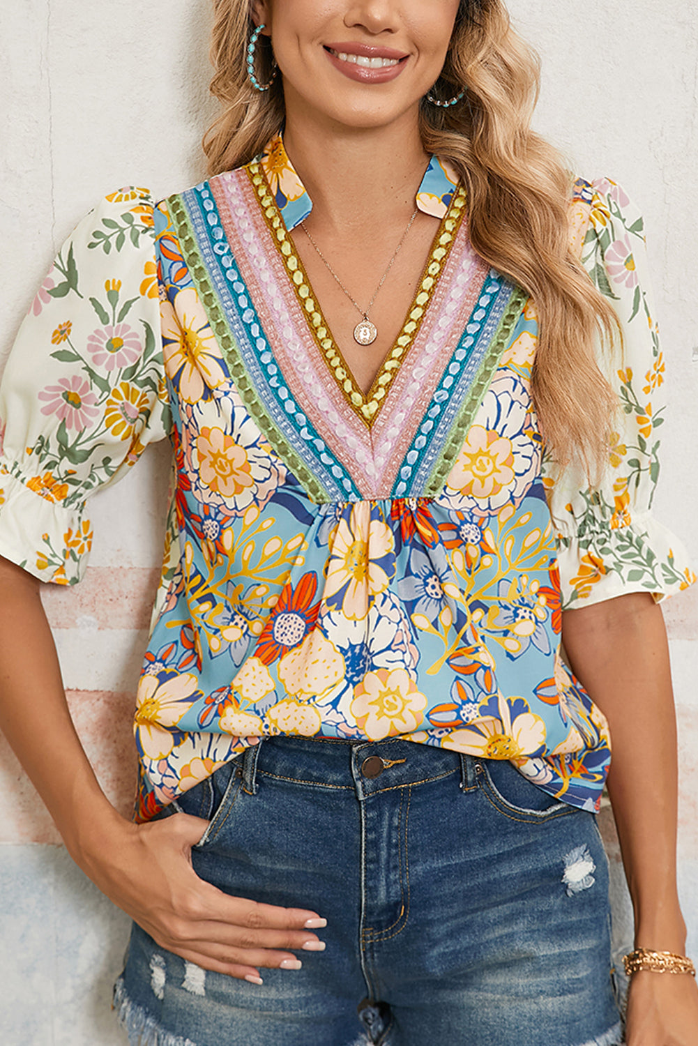 PRE-ORDER: Multicolour Half Sleeve Boho Floral Neckline Blouse