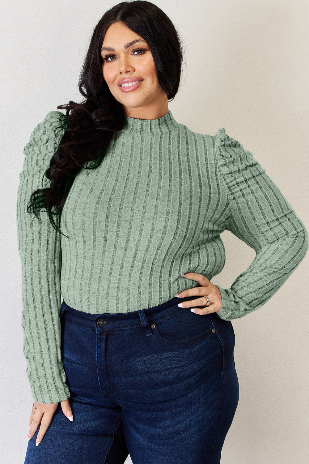 Ribbed Mock Neck Puff Sleeve Top