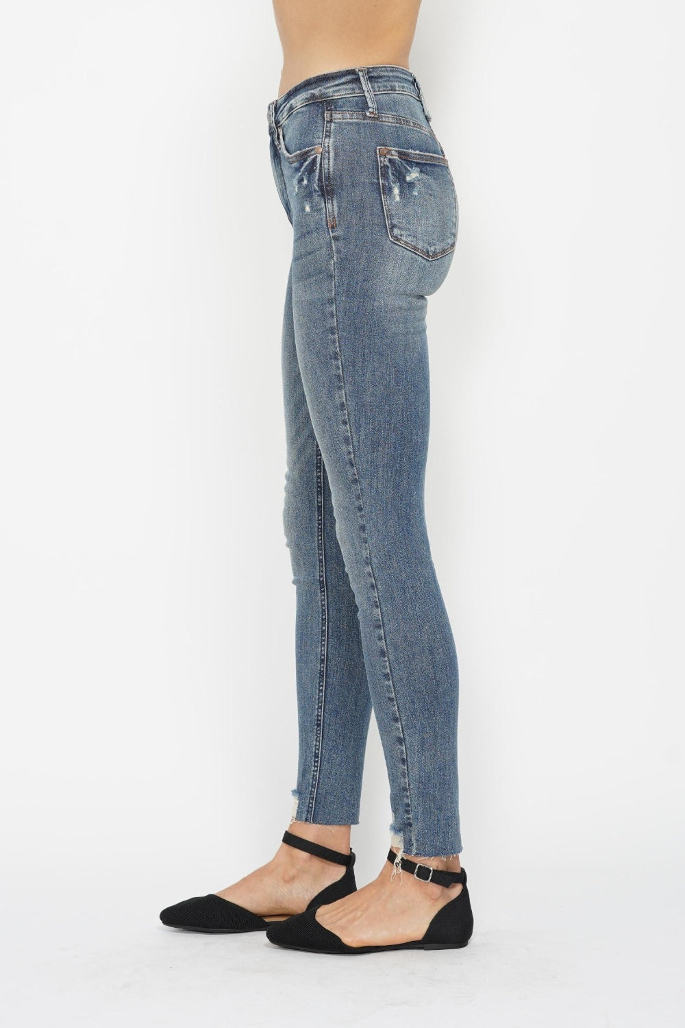 Tummy Control Vintage Wash Hem Destroy Skinny Jeans