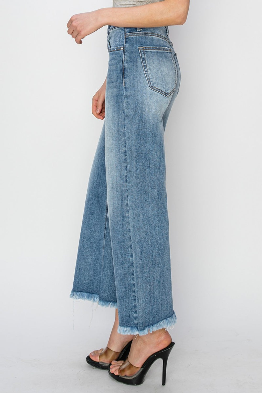 High Rise Raw Hem Cropped Wide Leg Jeans