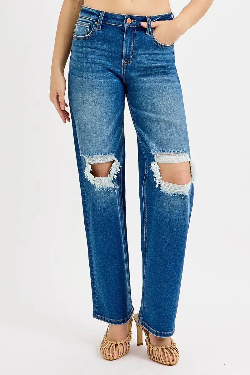 Mid-Rise Distressed Boyfriend Jeans
