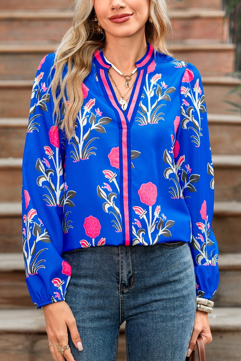 PRE-ORDER: Blue Floral Print Pop Of Color V Neck Puff Sleeve Blouse