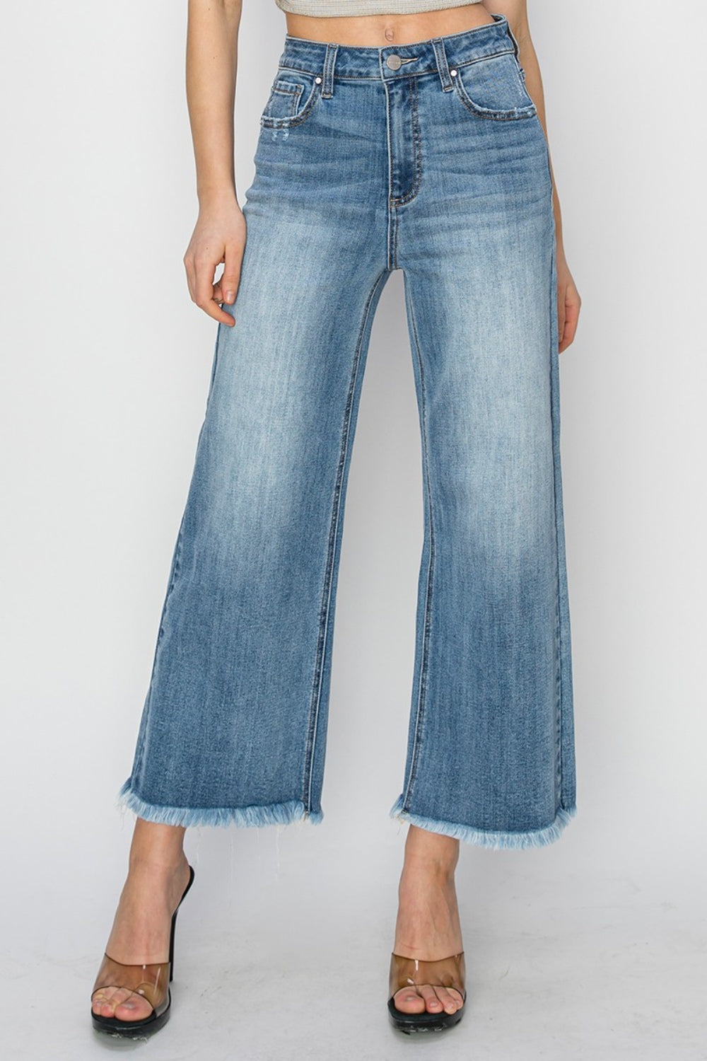 High Rise Raw Hem Cropped Wide Leg Jeans