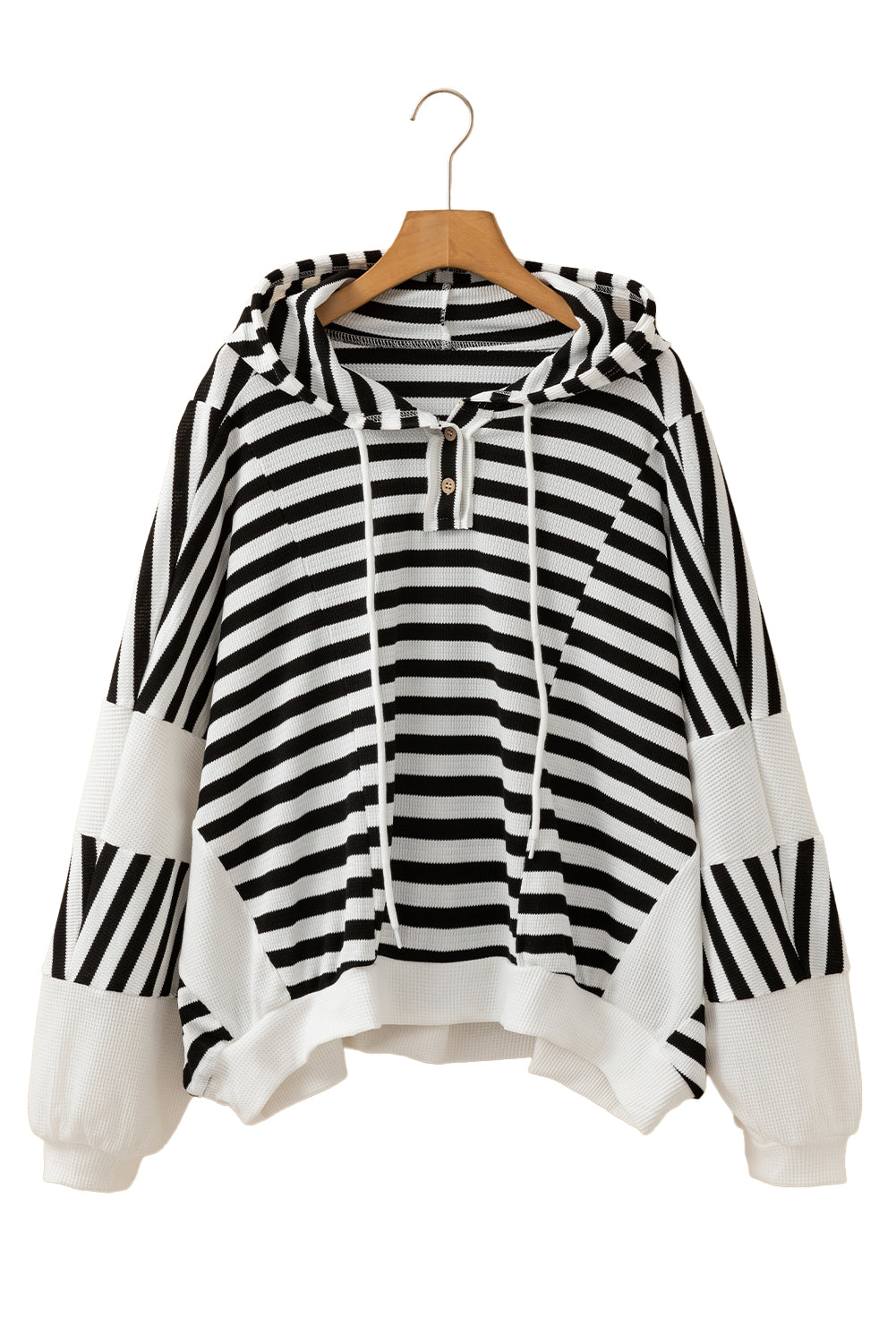 Black White Striped Waffle Patchwork Baggy Hooded Top